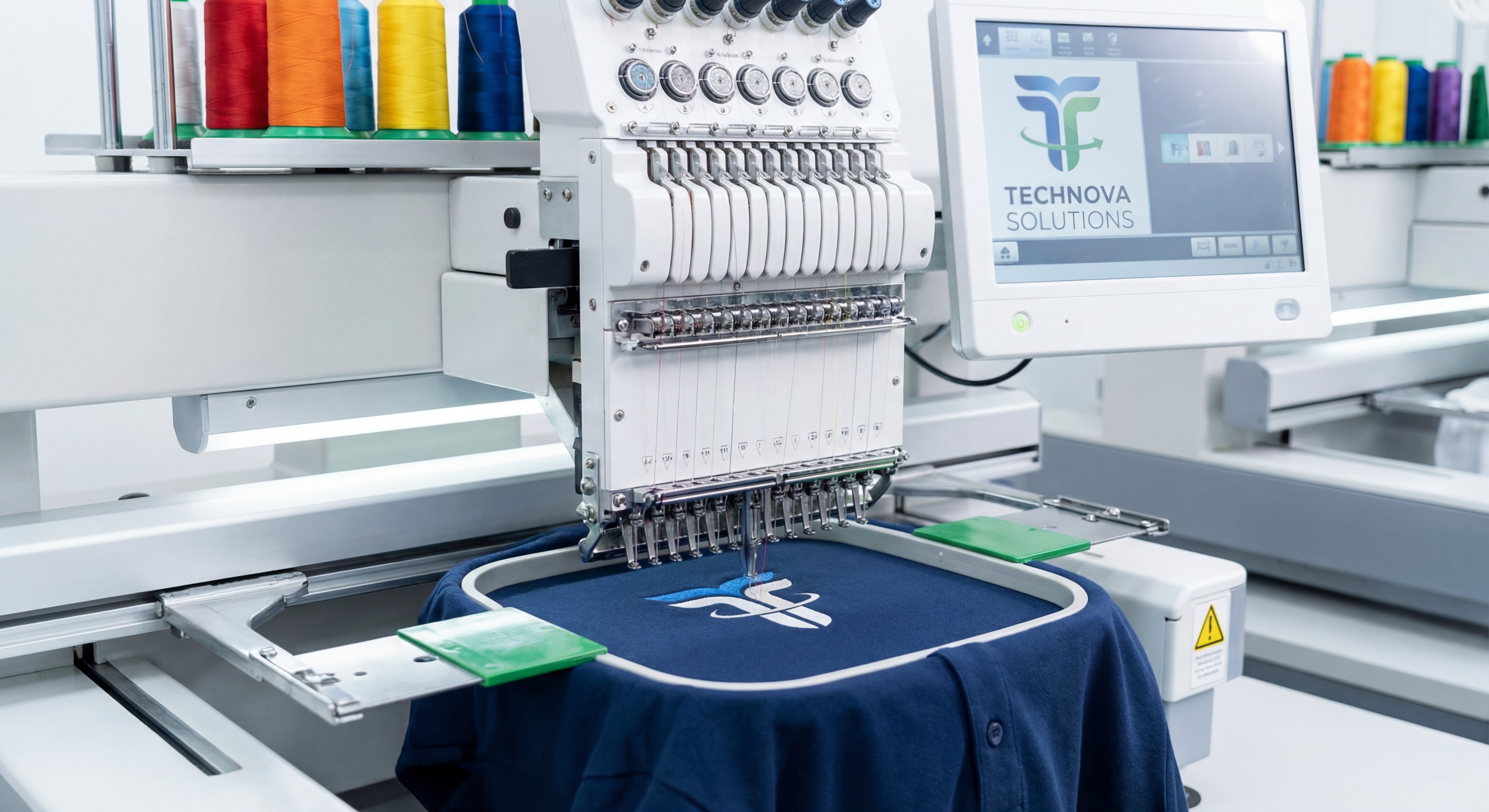 Gros plan sur machine à broder industrielle en cours de personnalisation d’un polo d’entreprise avec logo