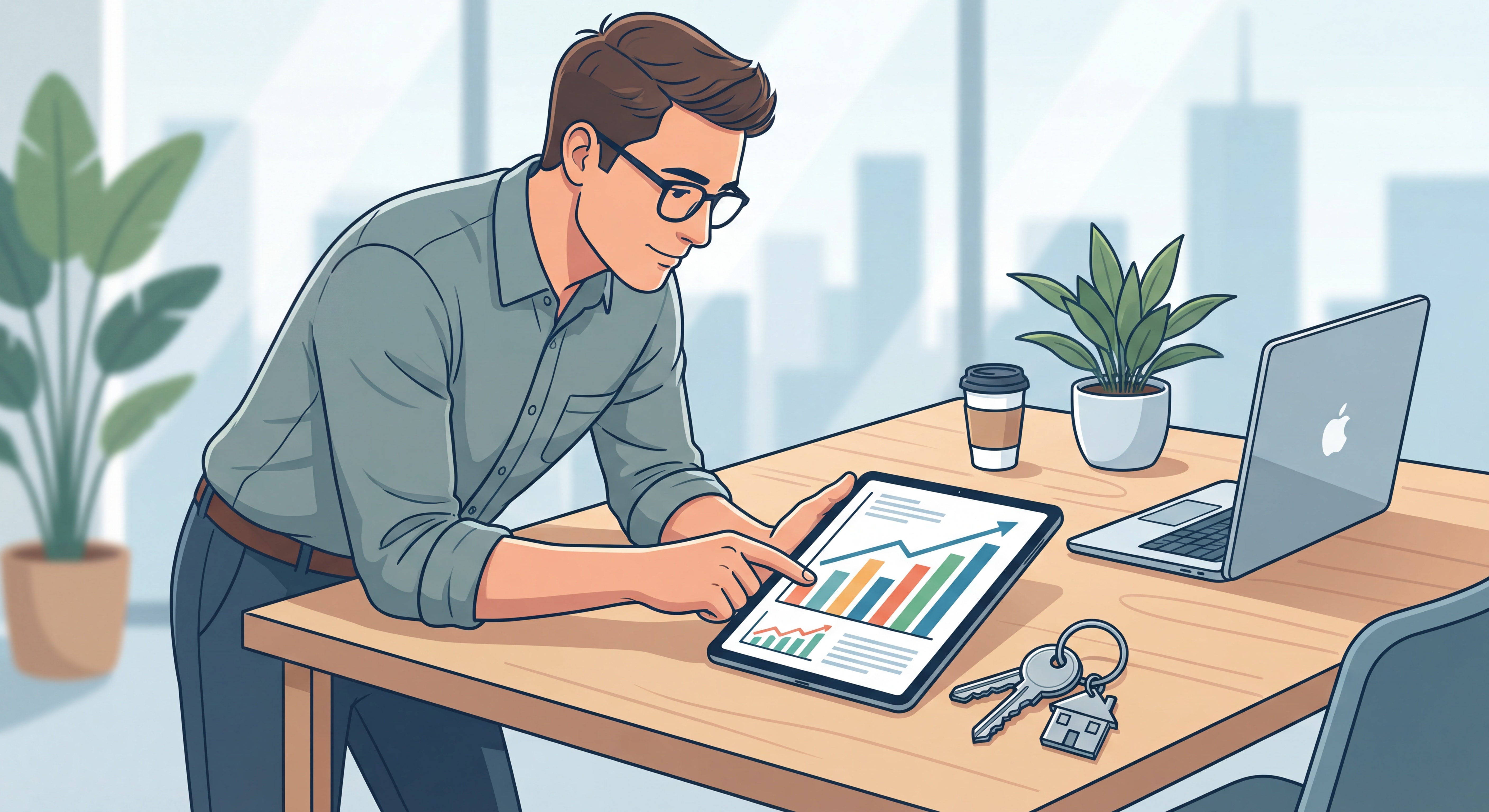 Agent immobilier indépendant consultant une tablette avec des graphiques de performance et des clés de maison sur un bureau moderne
