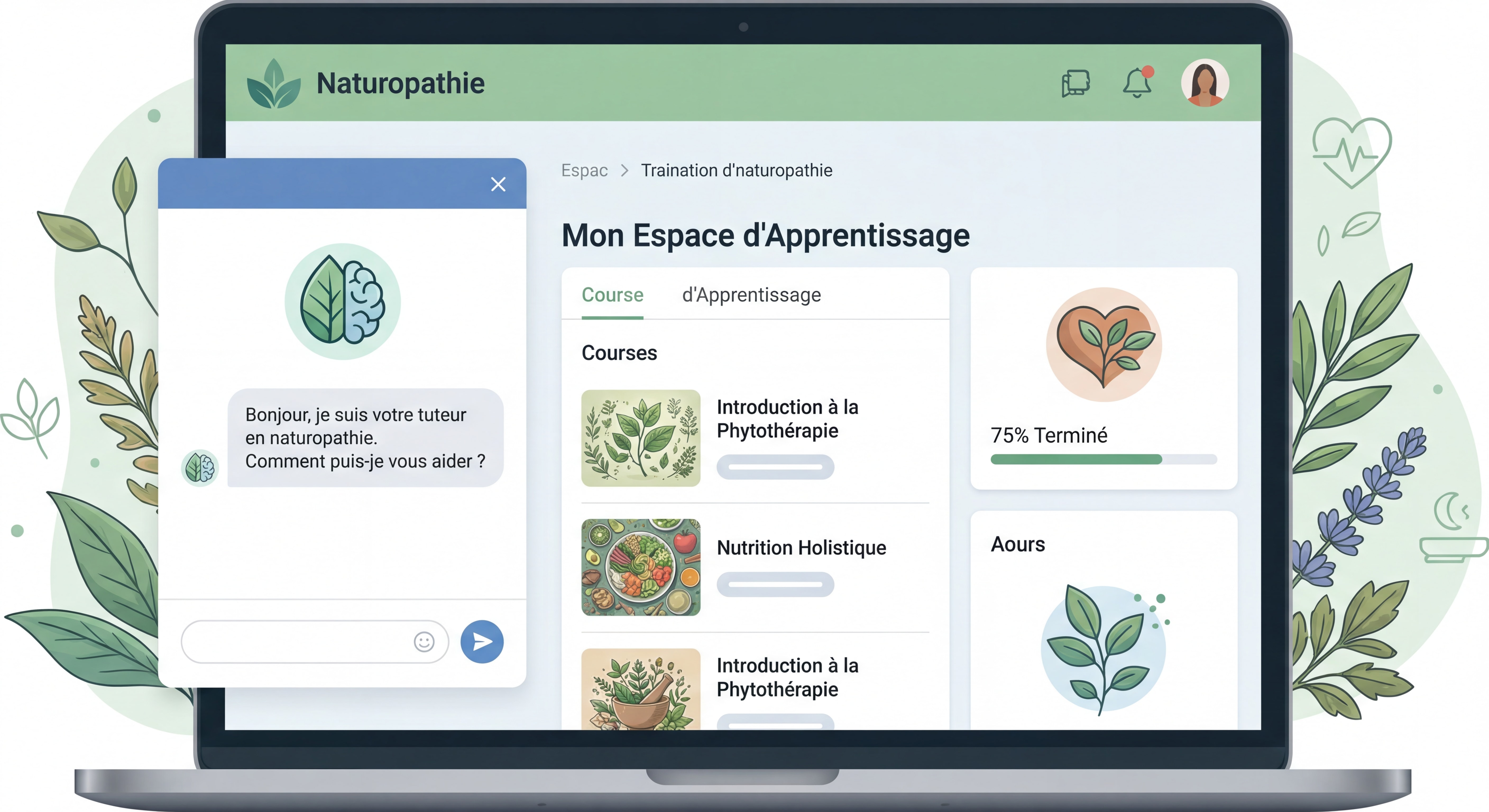 Interface moderne d'une plateforme de formation en naturopathie avec chatbot IA intégré et espace d'apprentissage personnalisé