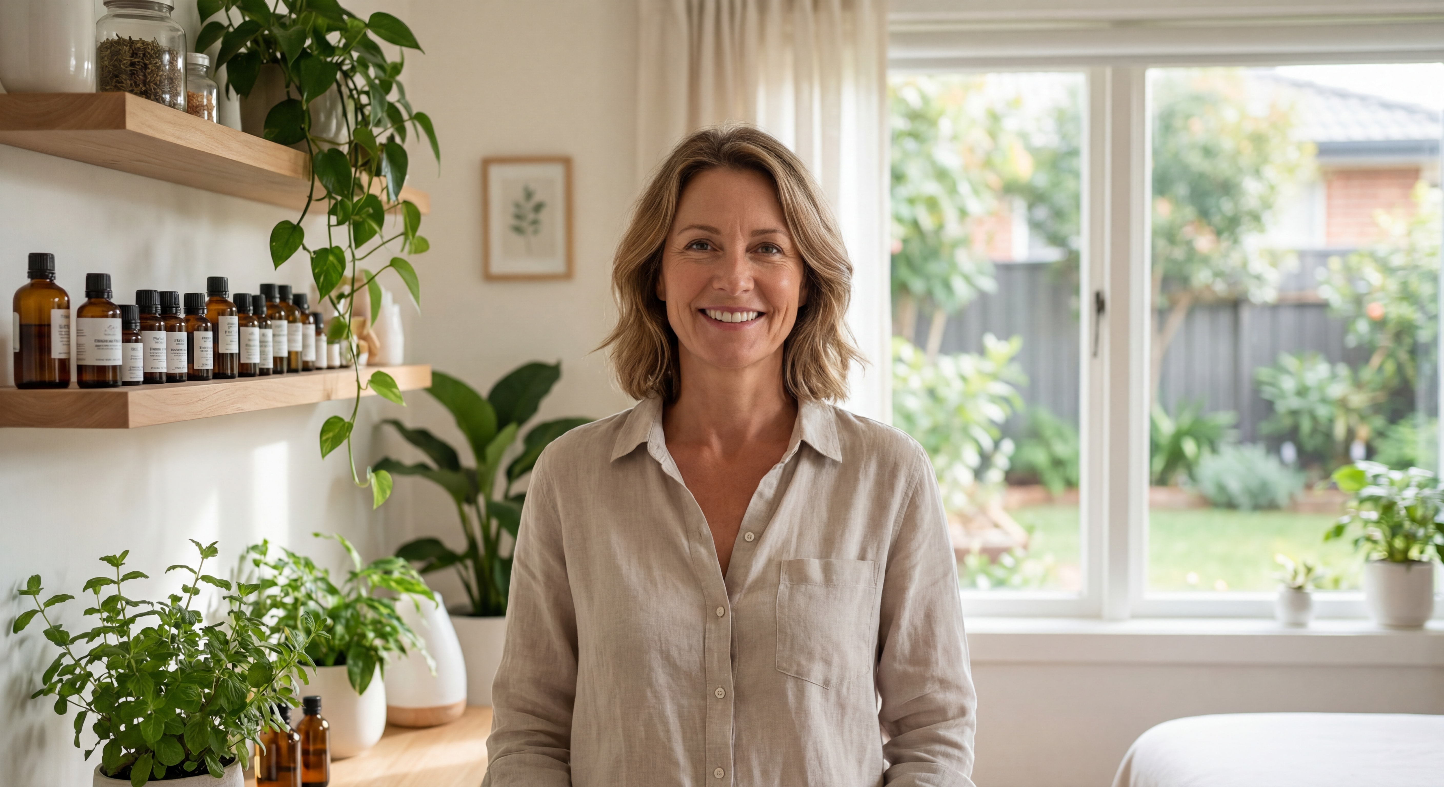 Portrait inspirant d'une femme naturopathe souriante dans son cabinet lumineux et chaleureux avec des plantes et des huiles essentielles