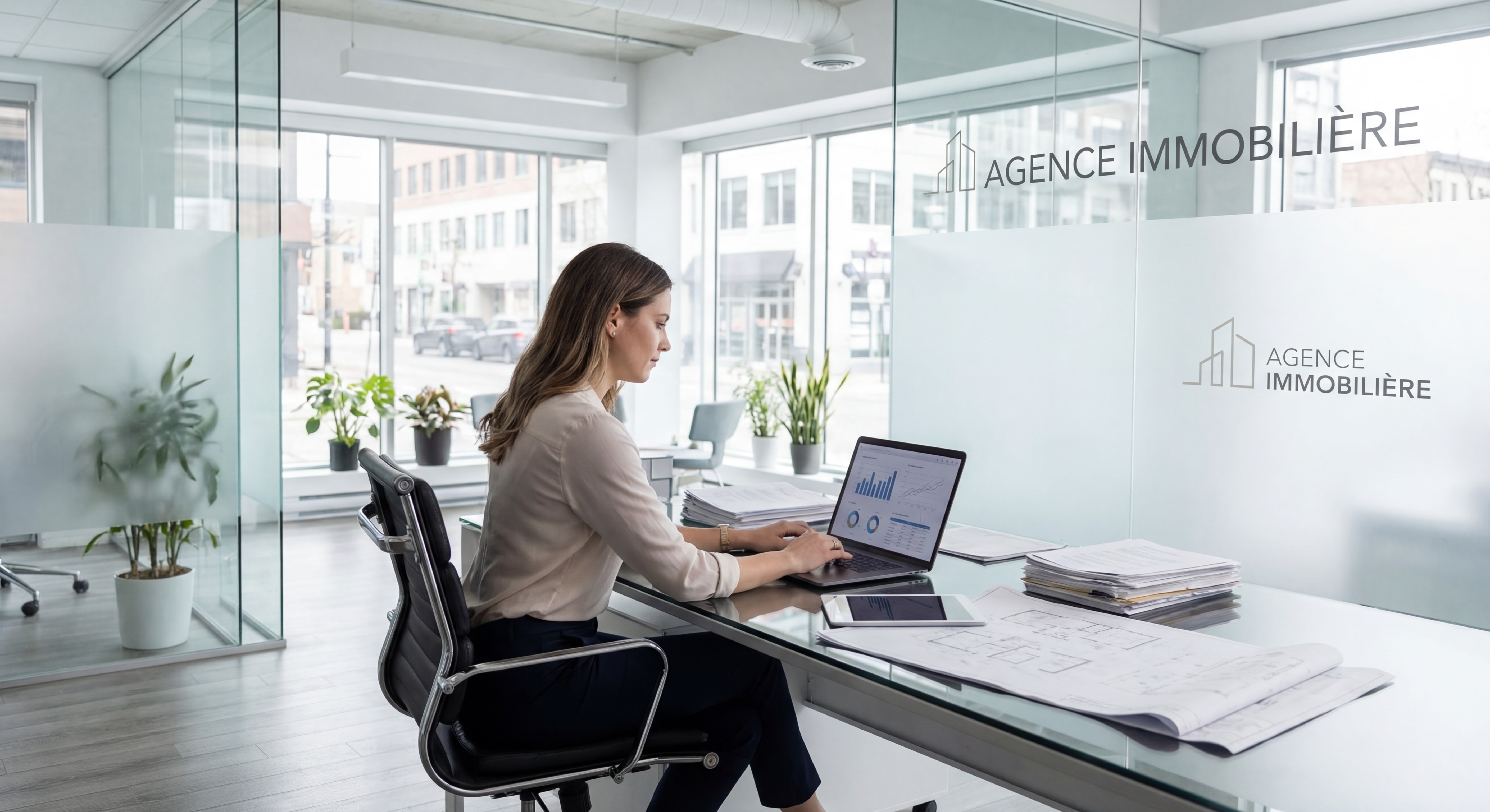 Gestionnaire de copropriété travaillant sur son ordinateur dans une agence immobilière moderne avec documents et plans d'immeubles