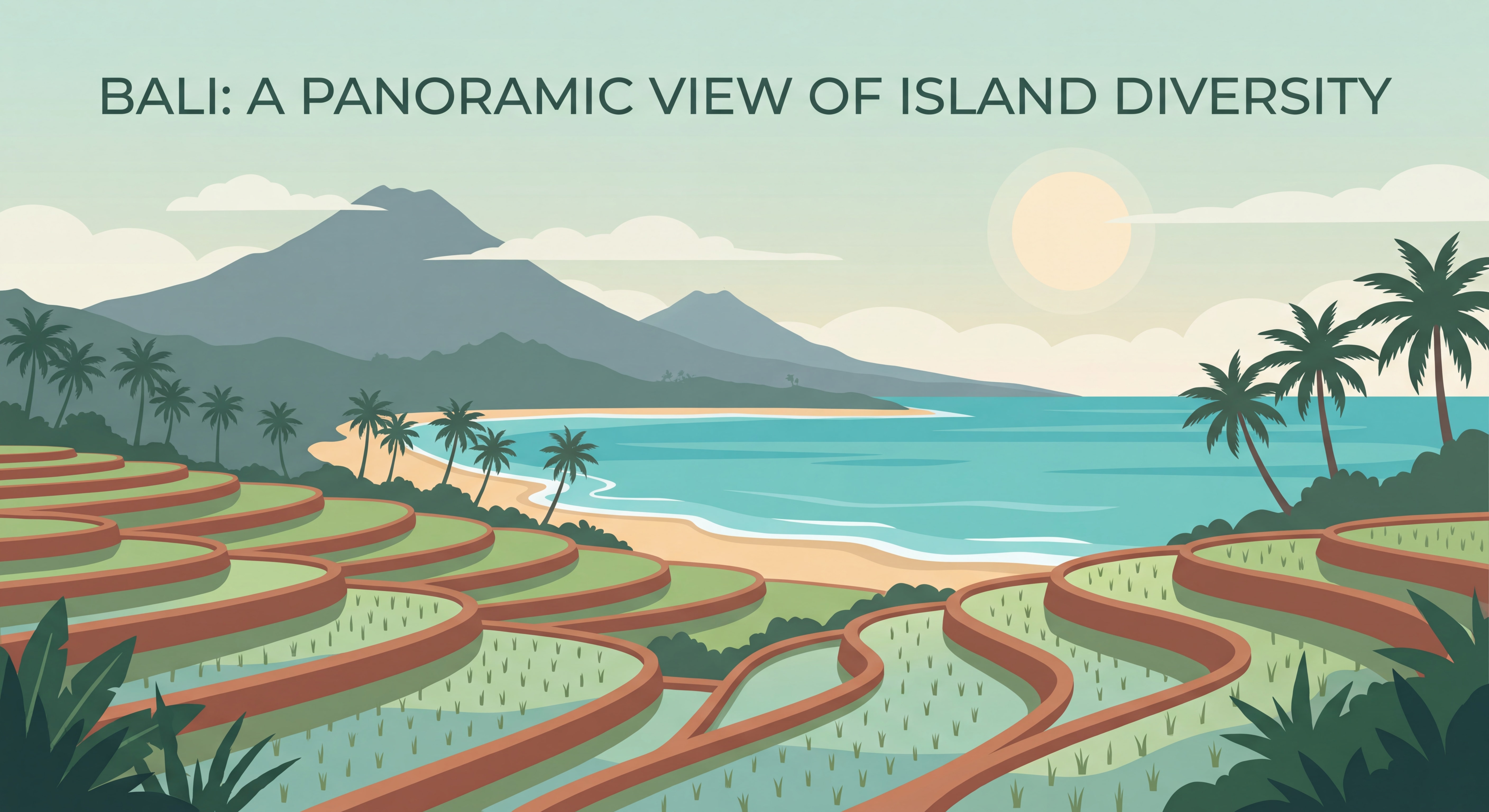Vue panoramique de Bali montrant la diversité de l'île avec rizières en terrasses, plages et montagnes au loin