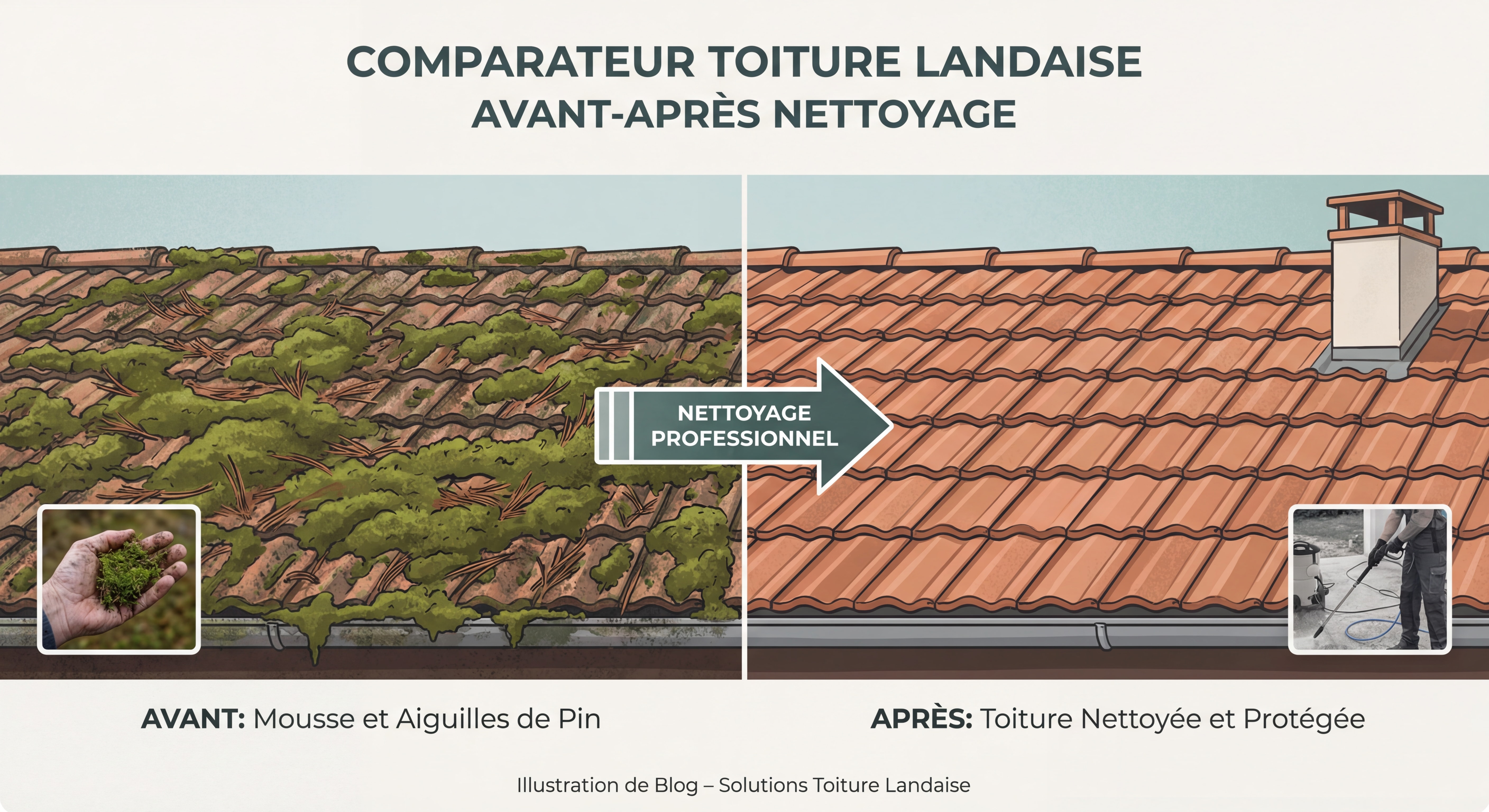 Comparaison avant-après d'une toiture landaise couverte de mousse épaisse et aiguilles de pin puis nettoyée