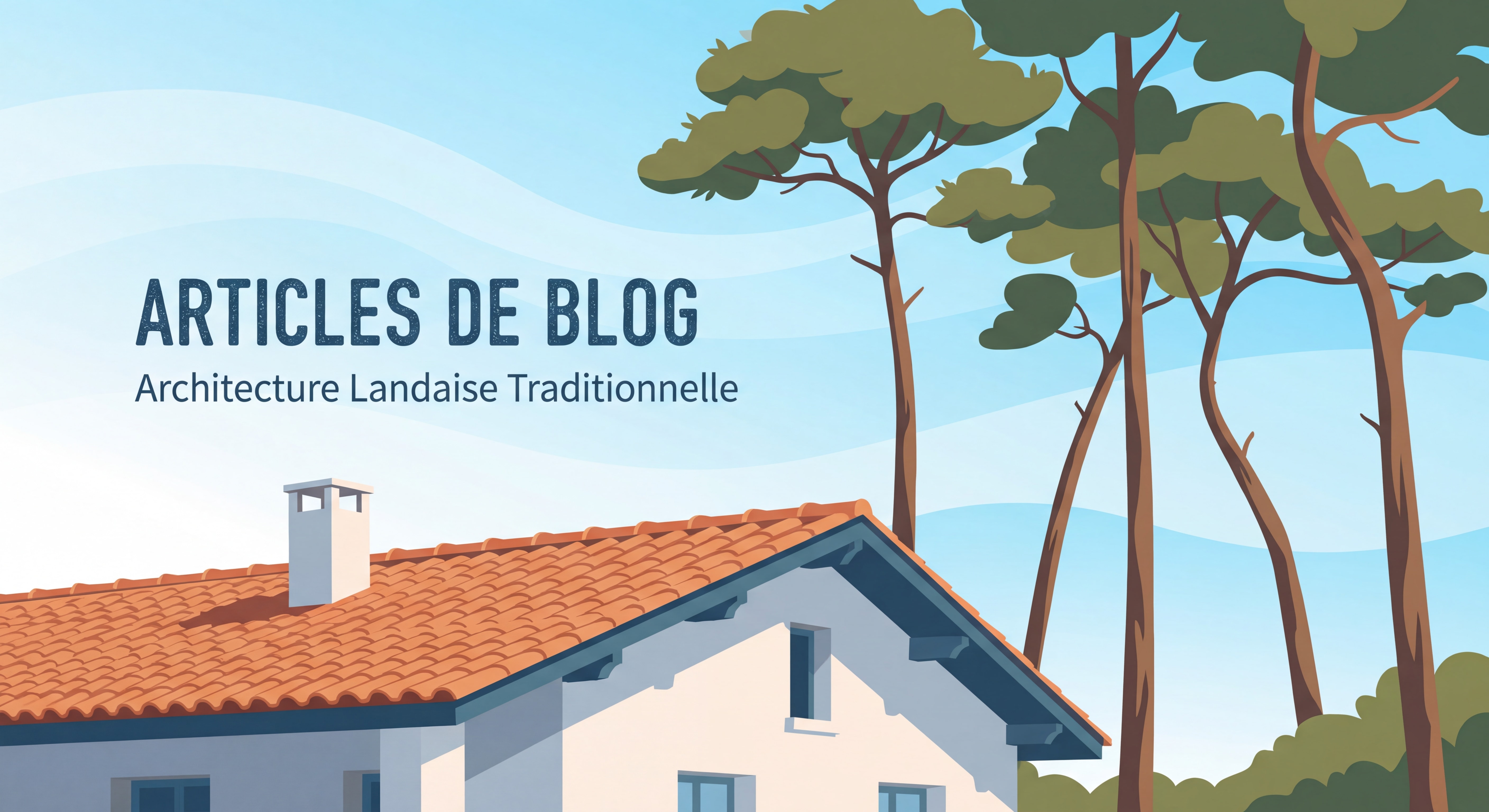 Toiture en tuiles traditionnelle landaise avec pins maritimes en arrière-plan sous ciel océanique