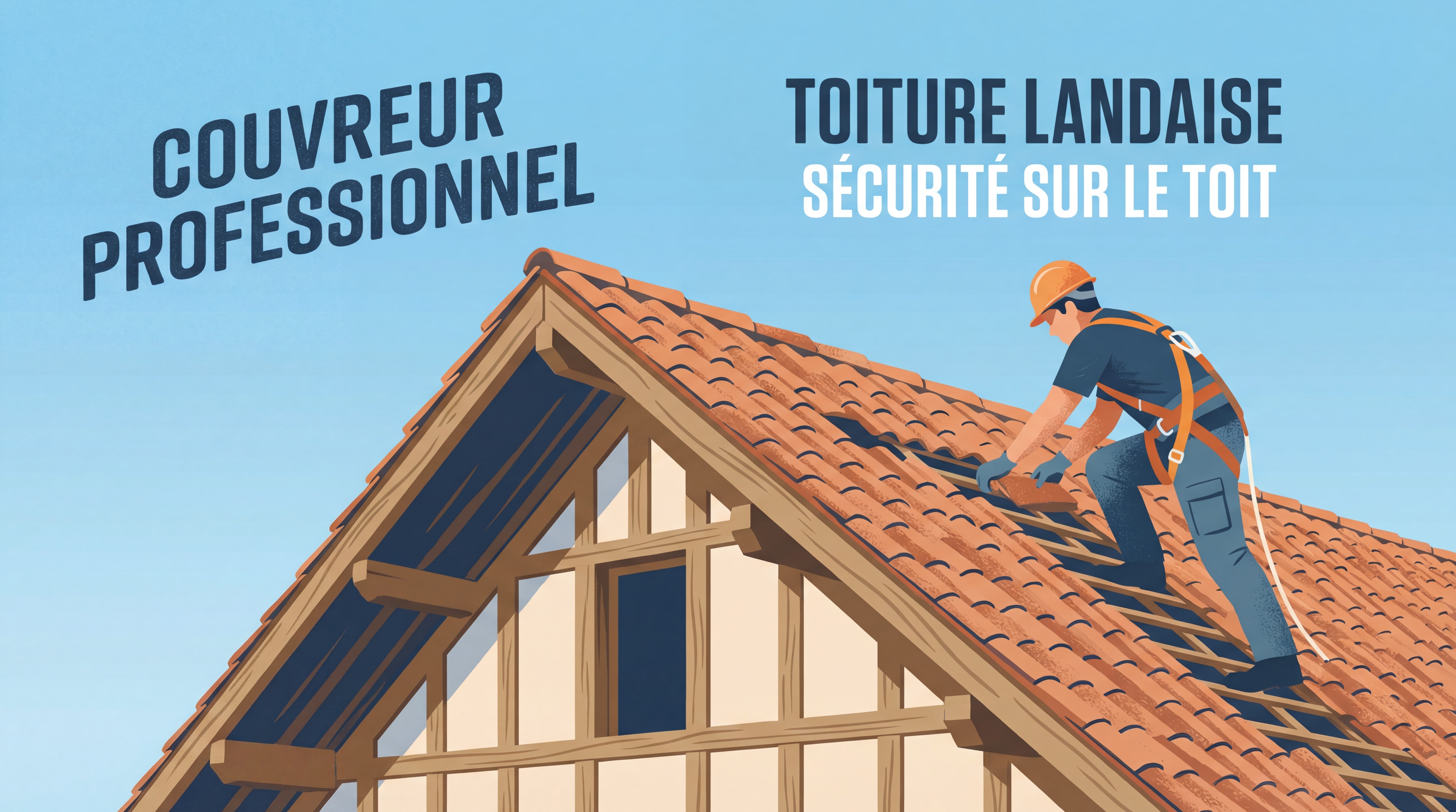 Couvreur professionnel en action sur une toiture landaise avec équipement de sécurité complet