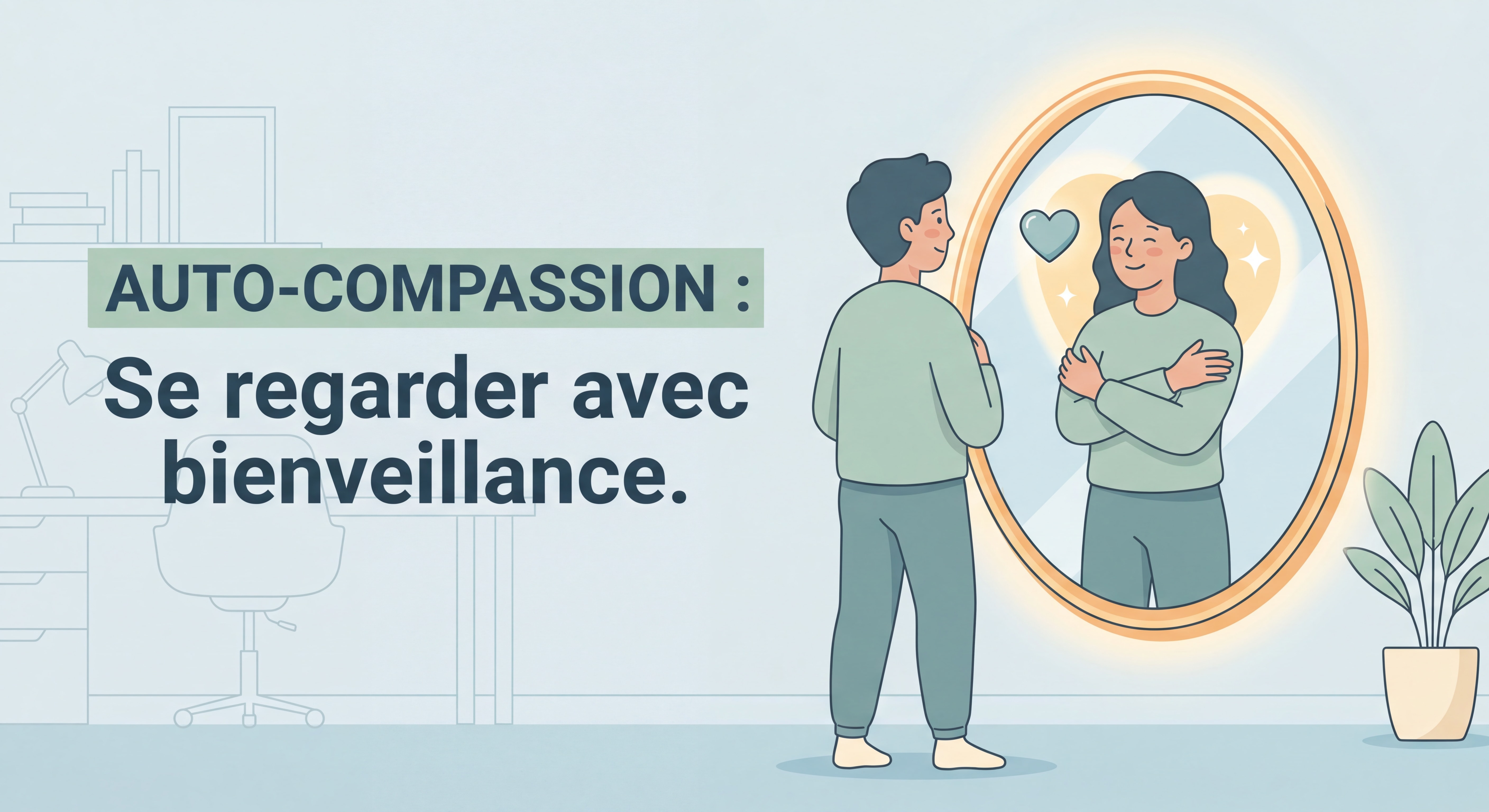 Personne se regardant dans un miroir avec bienveillance symbolisant l'auto-compassion