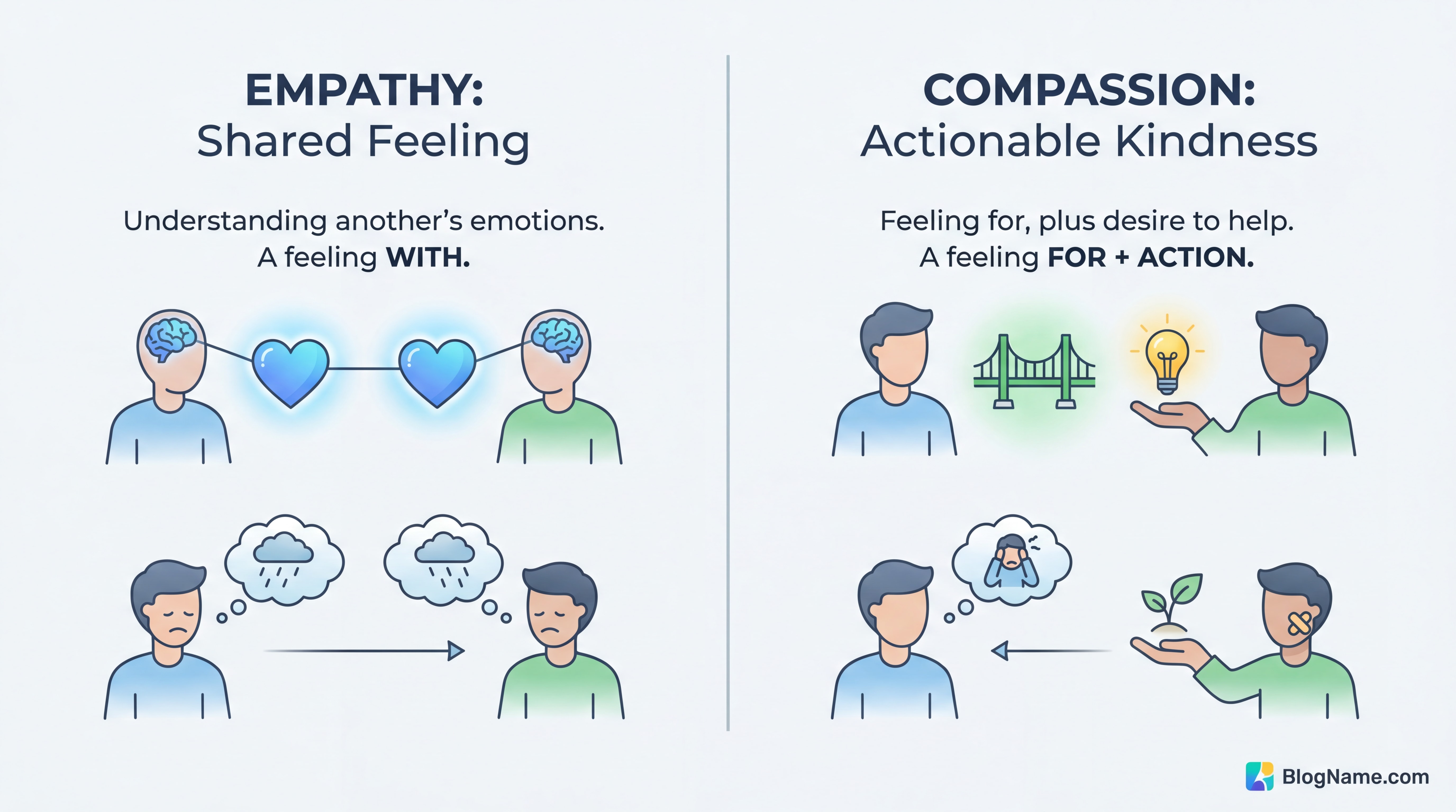 Infographie illustrant la différence entre empathie et compassion avec des symboles visuels