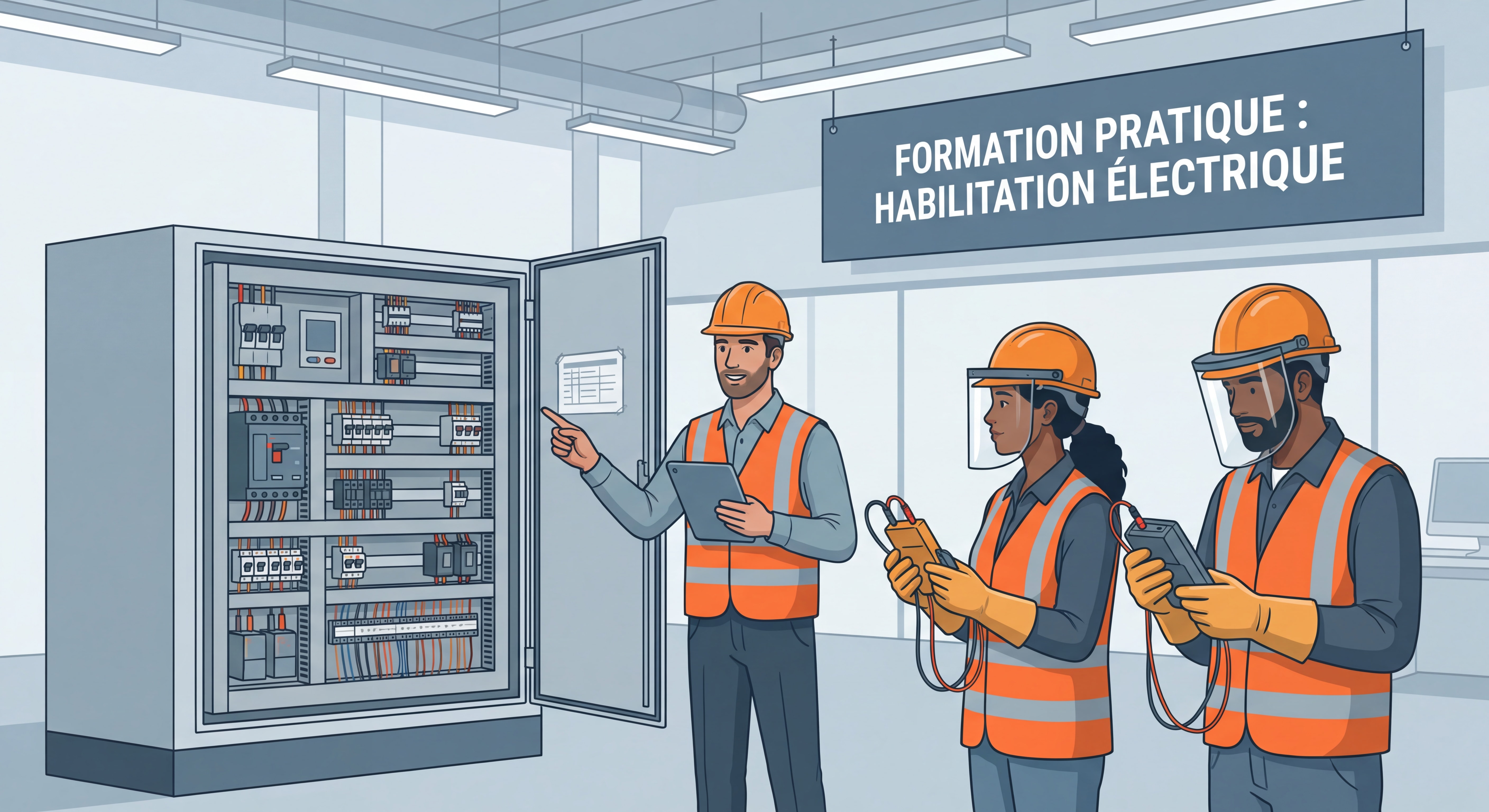 Session de formation pratique habilitation électrique avec formateur et stagiaires sur équipement pédagogique - armoire électrique et EPI