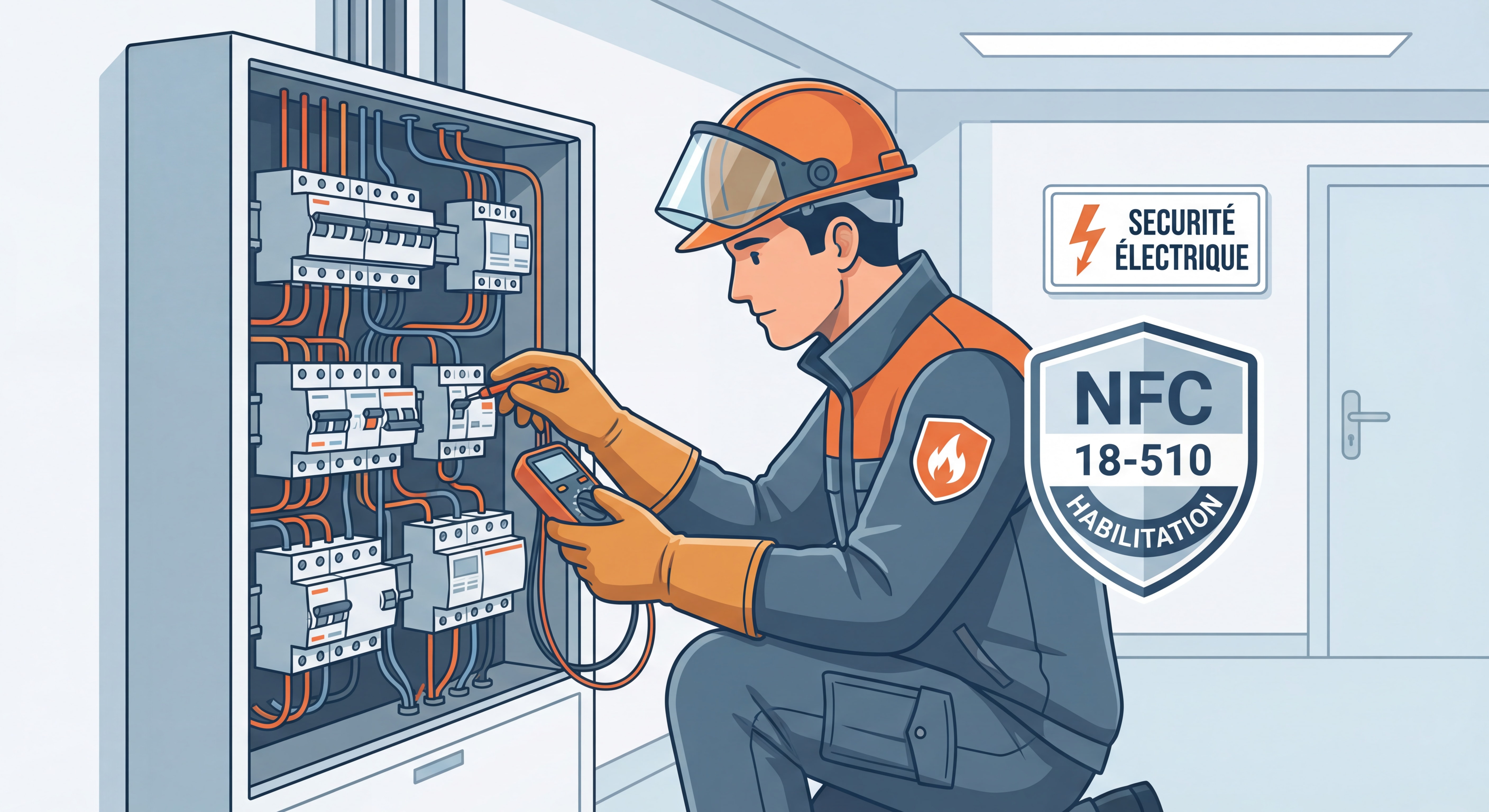Technicien électricien portant des EPI lors d'une intervention sur un tableau électrique basse tension - habilitation électrique NFC 18-510