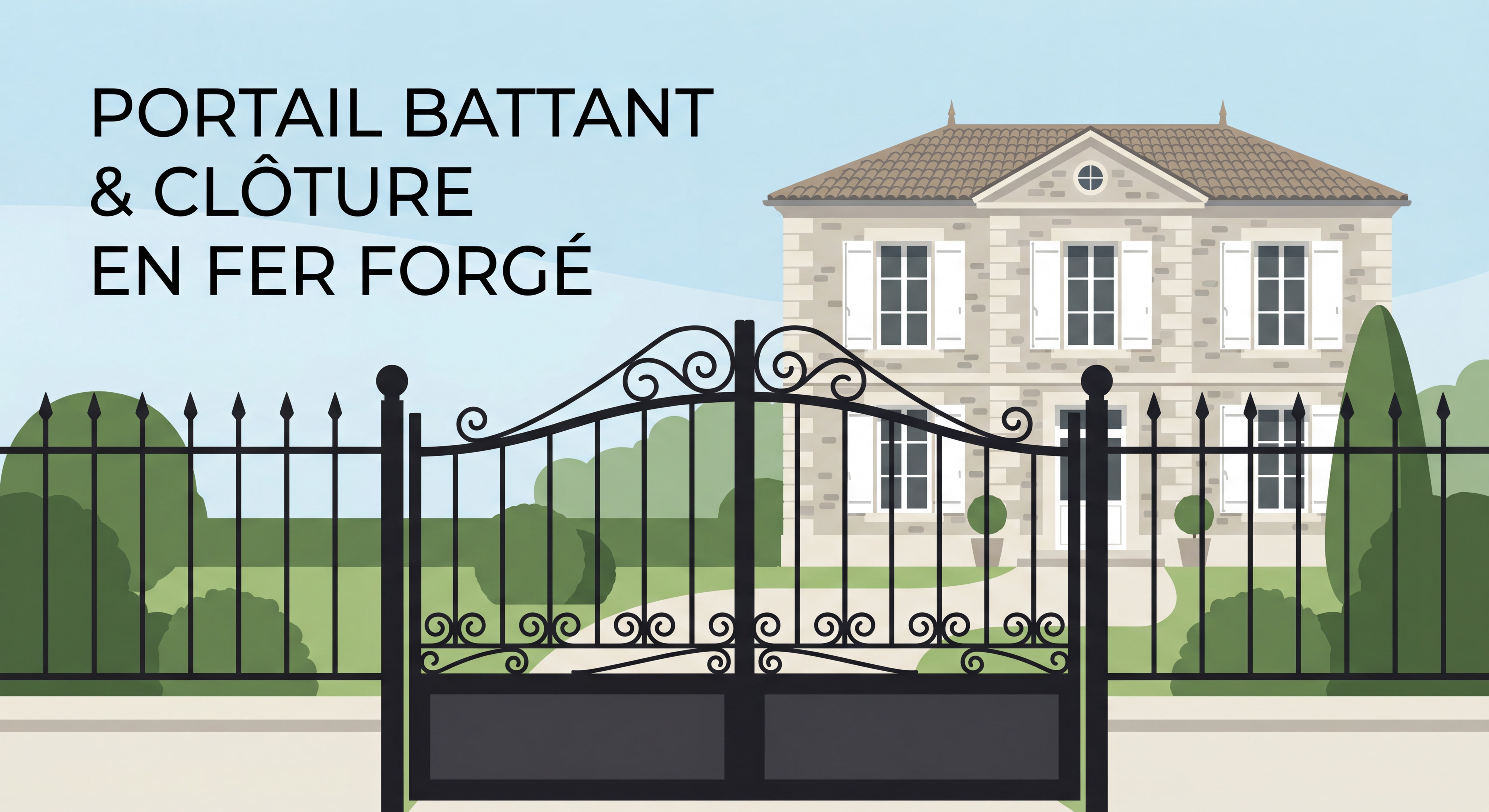 Portail battant et clôture en fer forgé noir avec motifs classiques à volutes devant maison de maître en pierre avec volets blancs