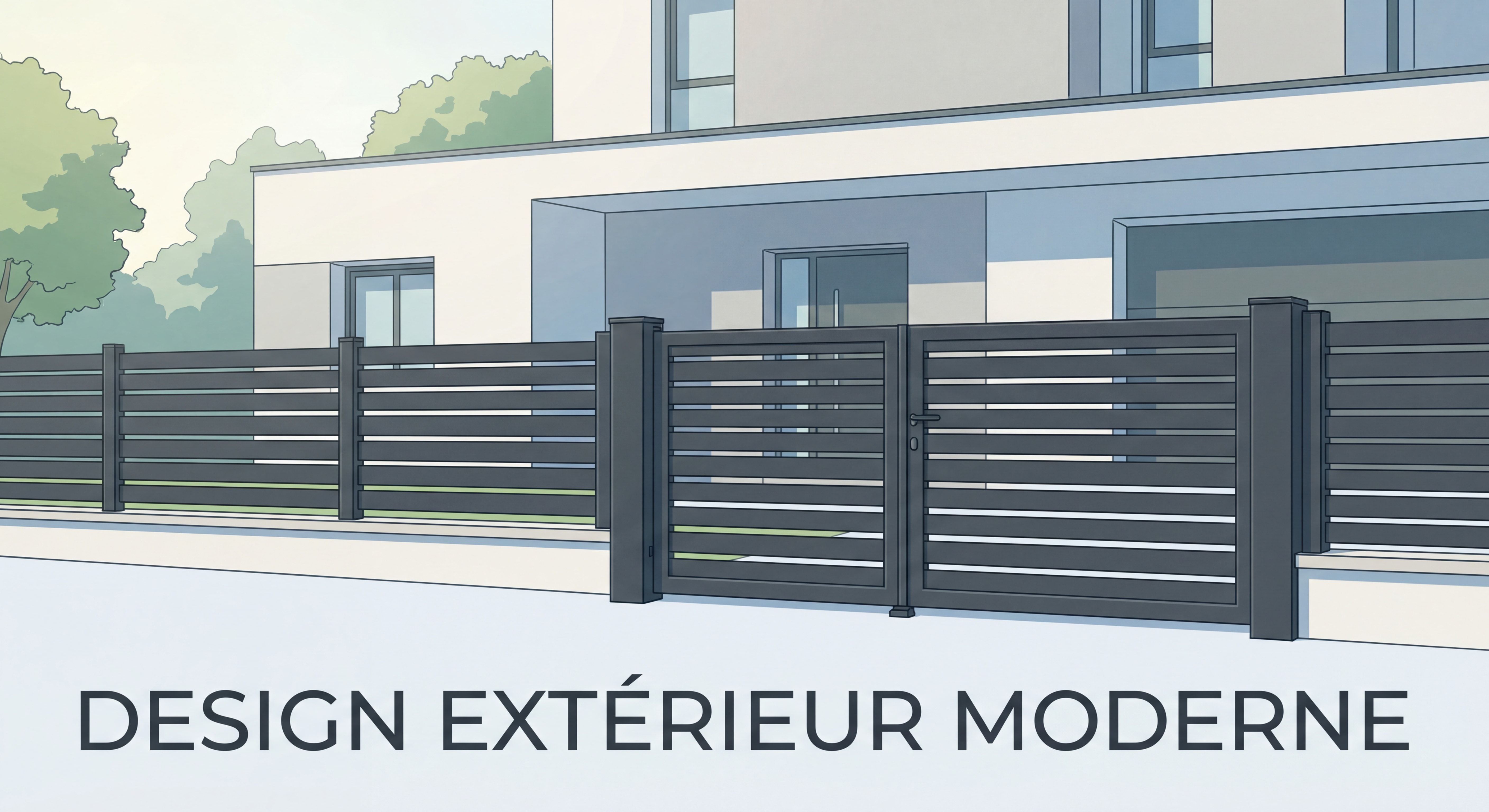 Portail et clôture aluminium anthracite avec lames horizontales créant une continuité visuelle parfaite devant maison contemporaine