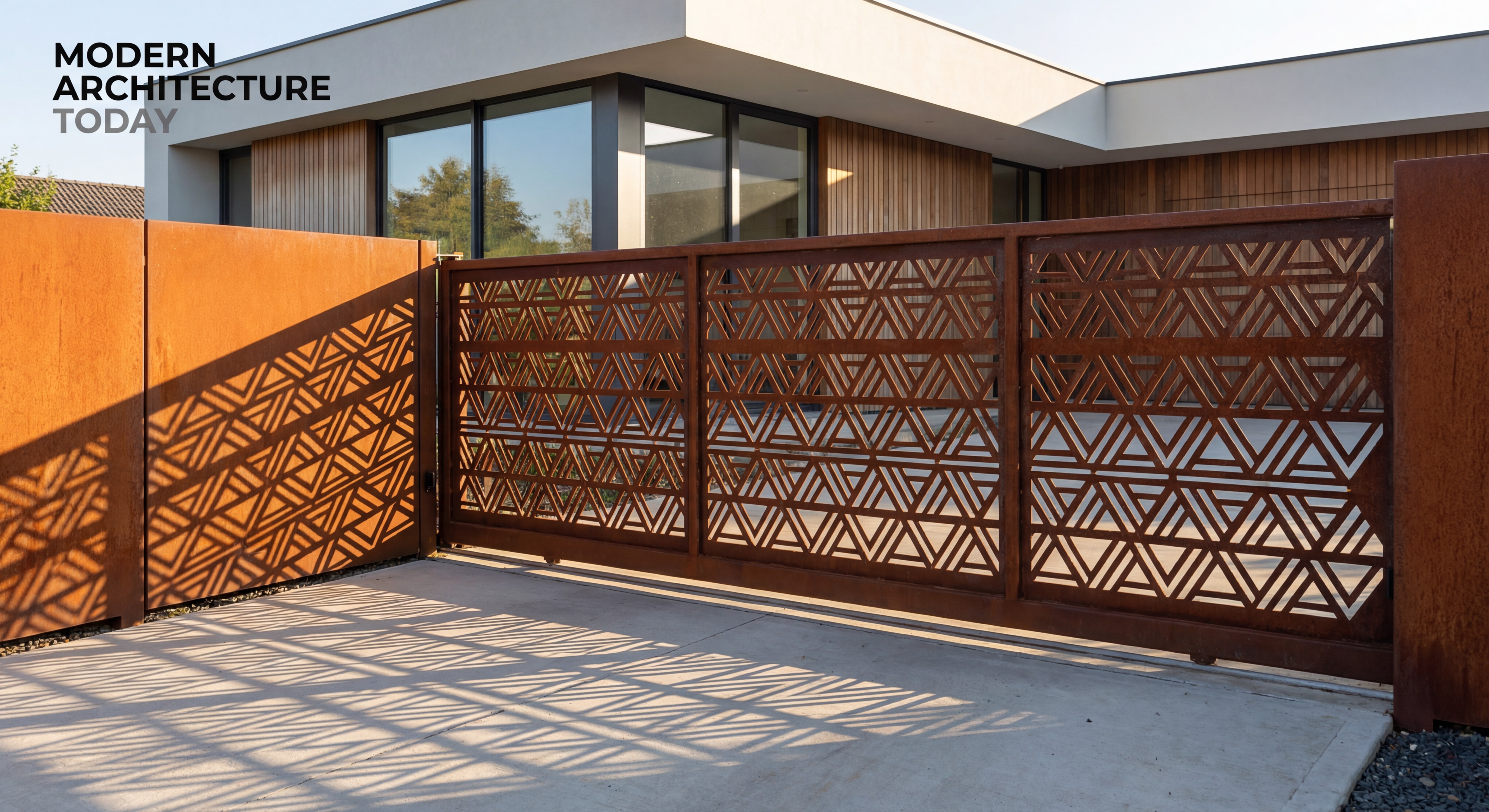 Portail coulissant acier Corten avec découpe géométrique moderne et clôture assortie créant jeux d’ombre devant architecture contemporaine