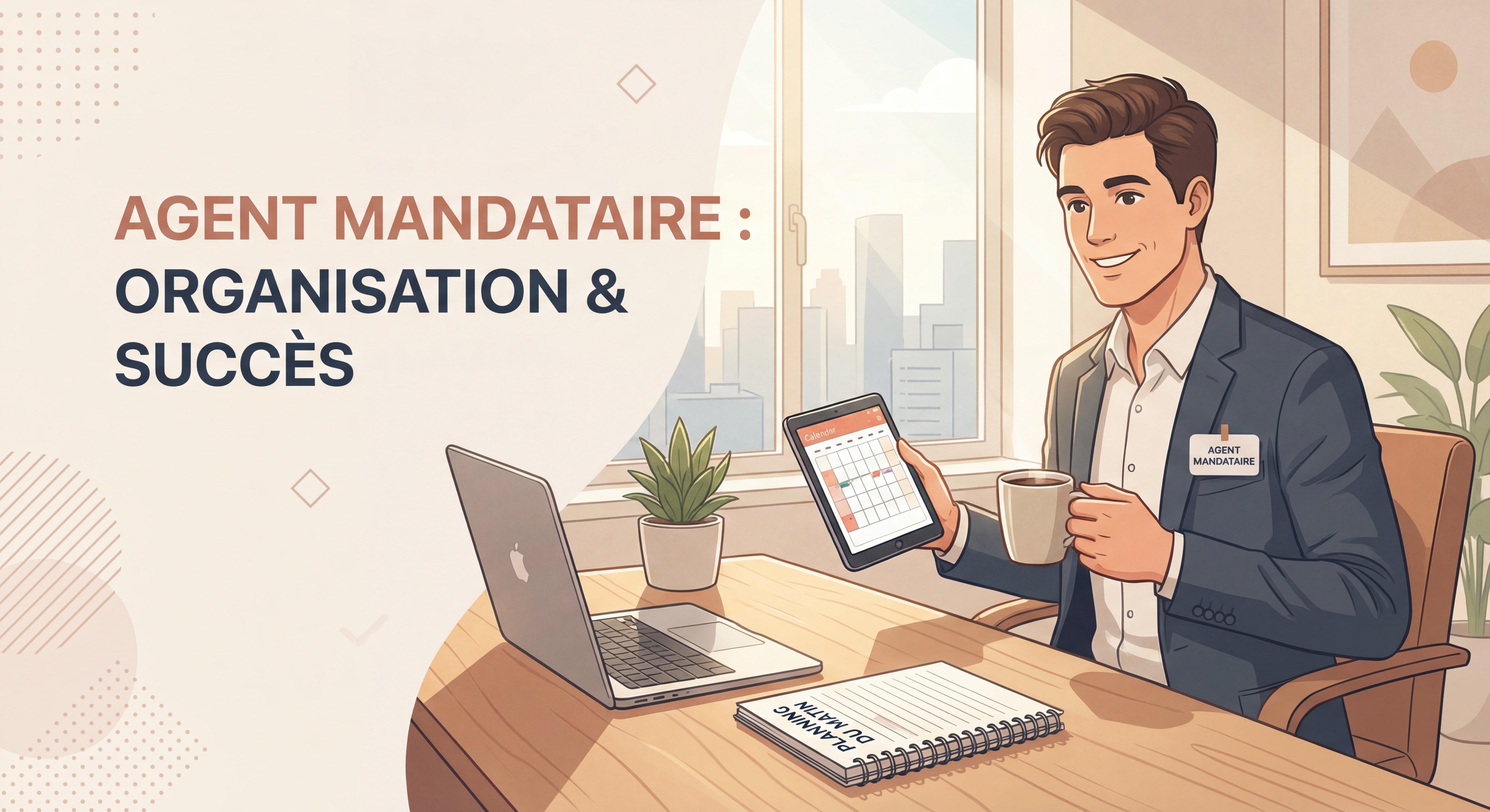 Agent immobilier mandataire souriant consultant son planning matinal avec café, bureau organisé avec ordinateur et notes, lumière naturelle, ambiance professionnelle et motivante