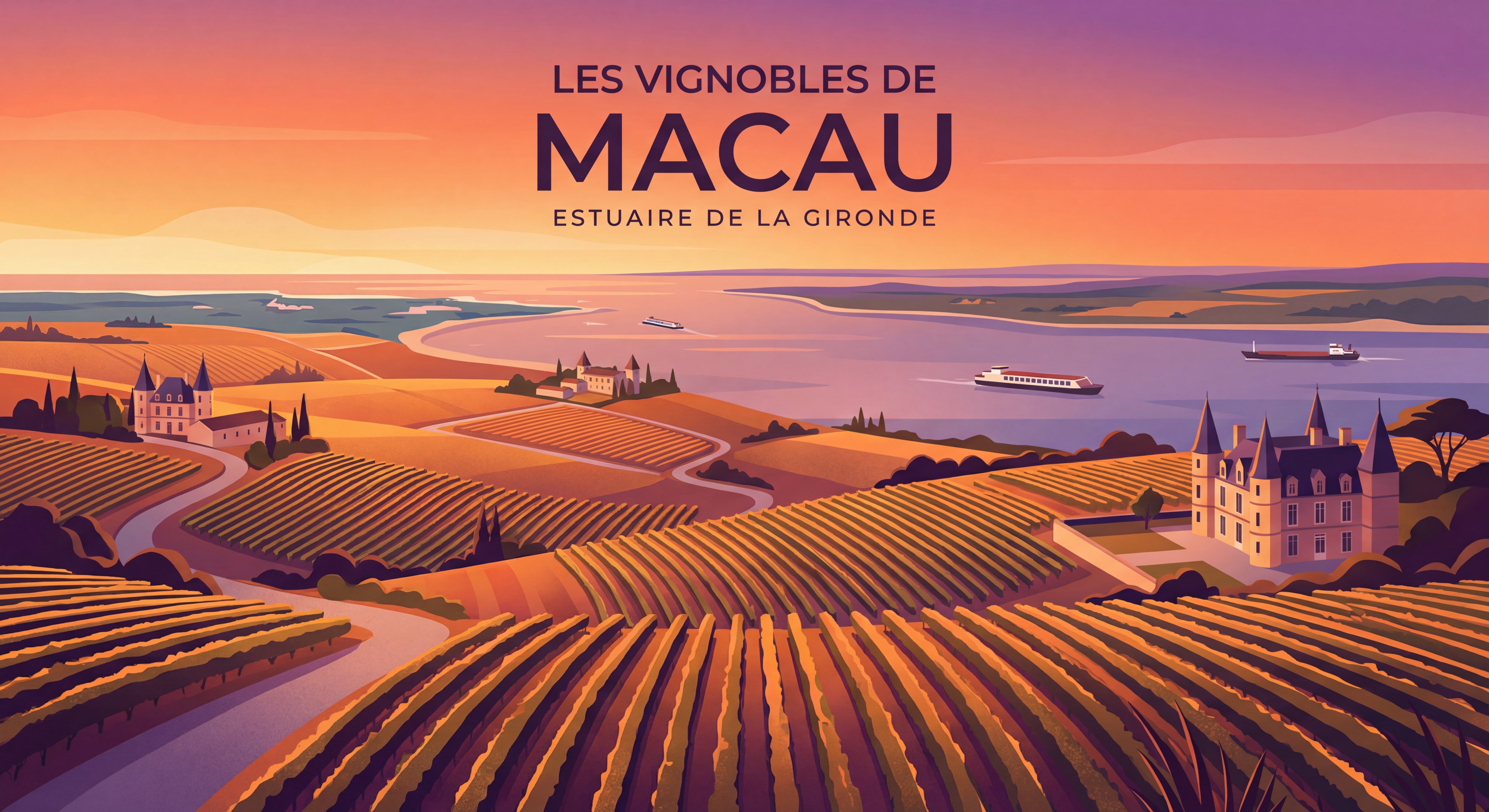 Vue panoramique sur les vignobles de Macau avec l'estuaire de la Gironde en arrière-plan au coucher du soleil