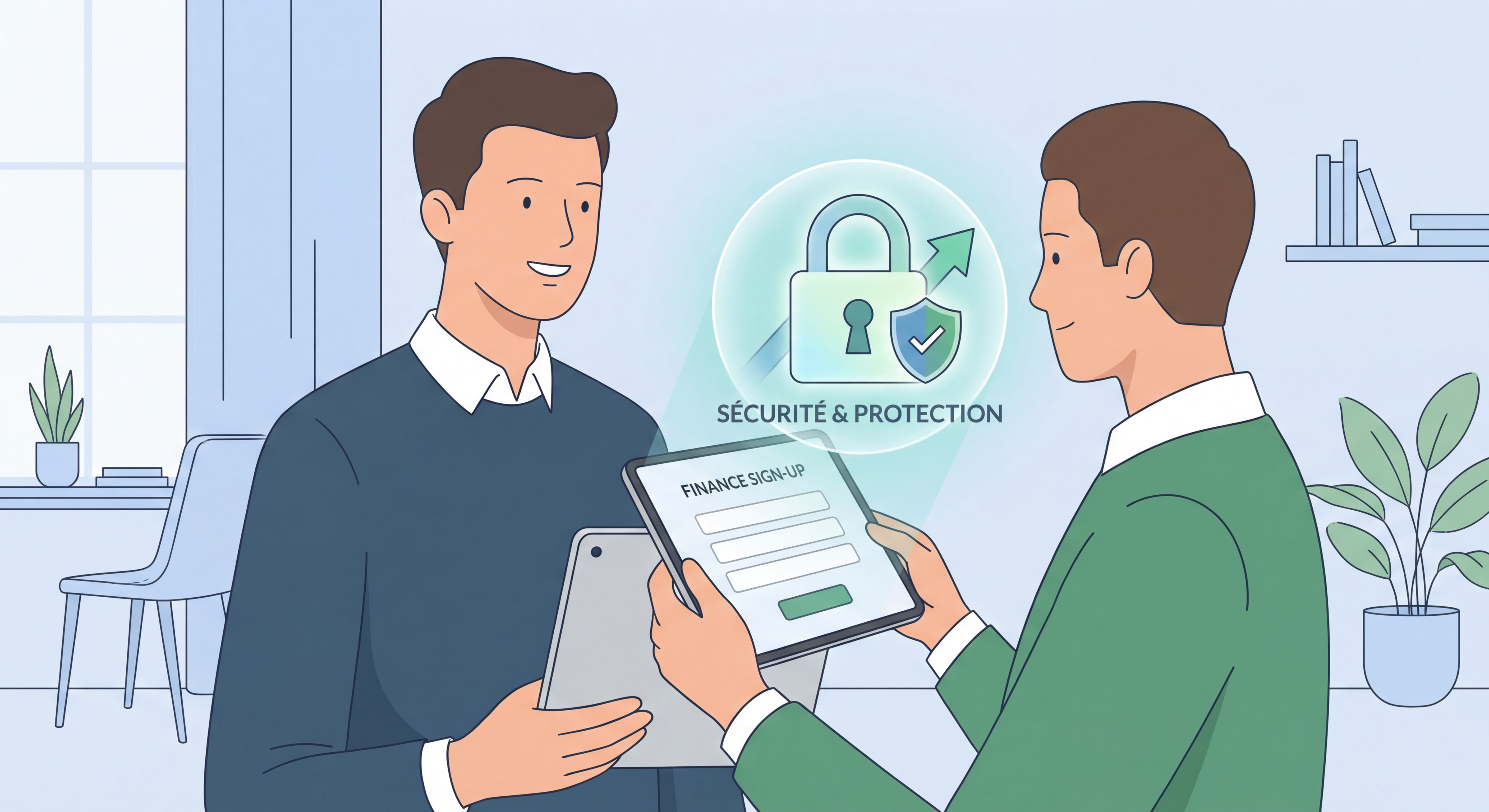 Personne utilisant une tablette pour souscrire à un service financier en ligne avec un cadenas de sécurité symbolisant la protection des consommateurs