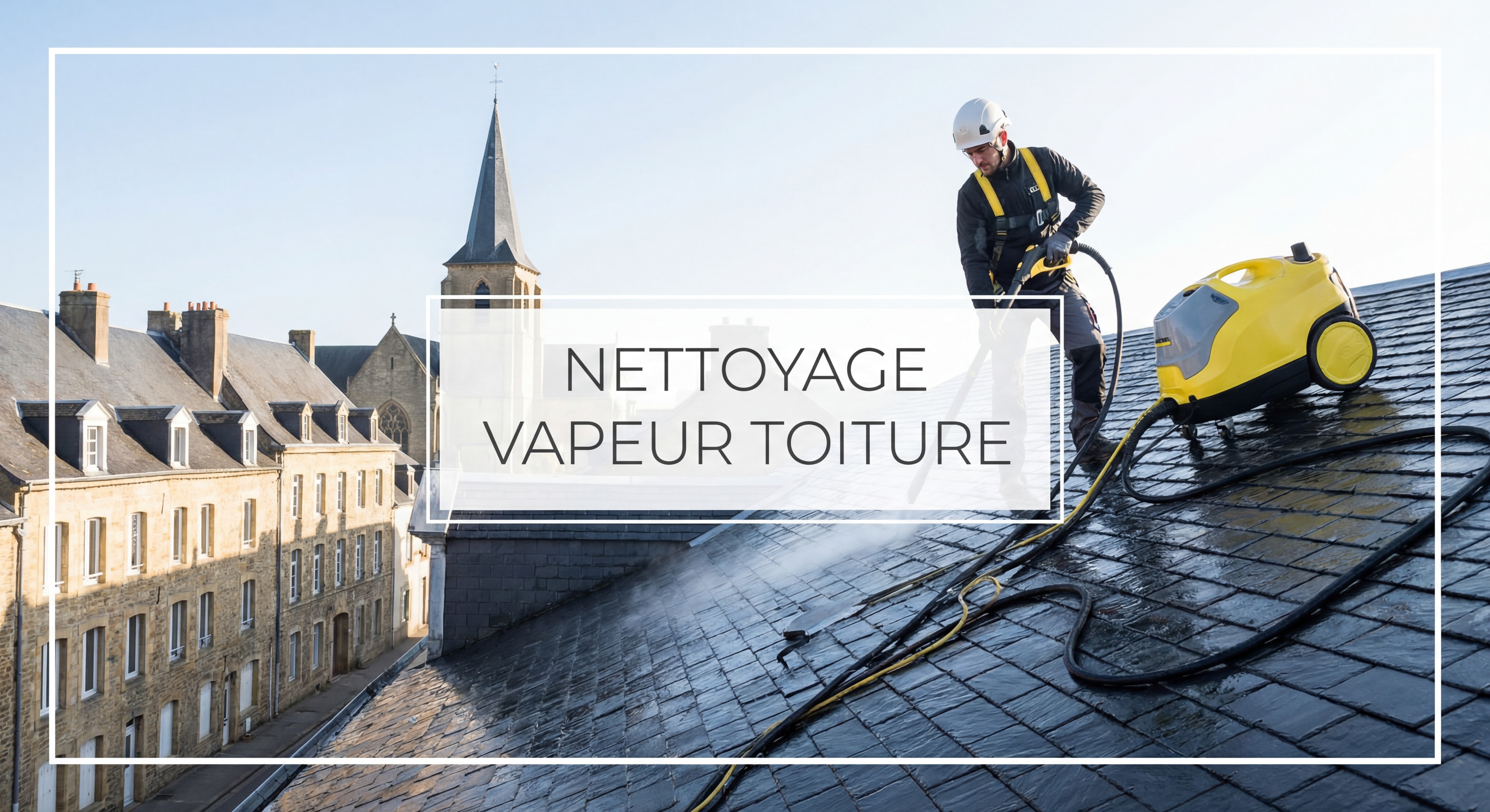 Professionnel effectuant un nettoyage vapeur sur toiture ardoise à Sedan avec équipement spécialisé