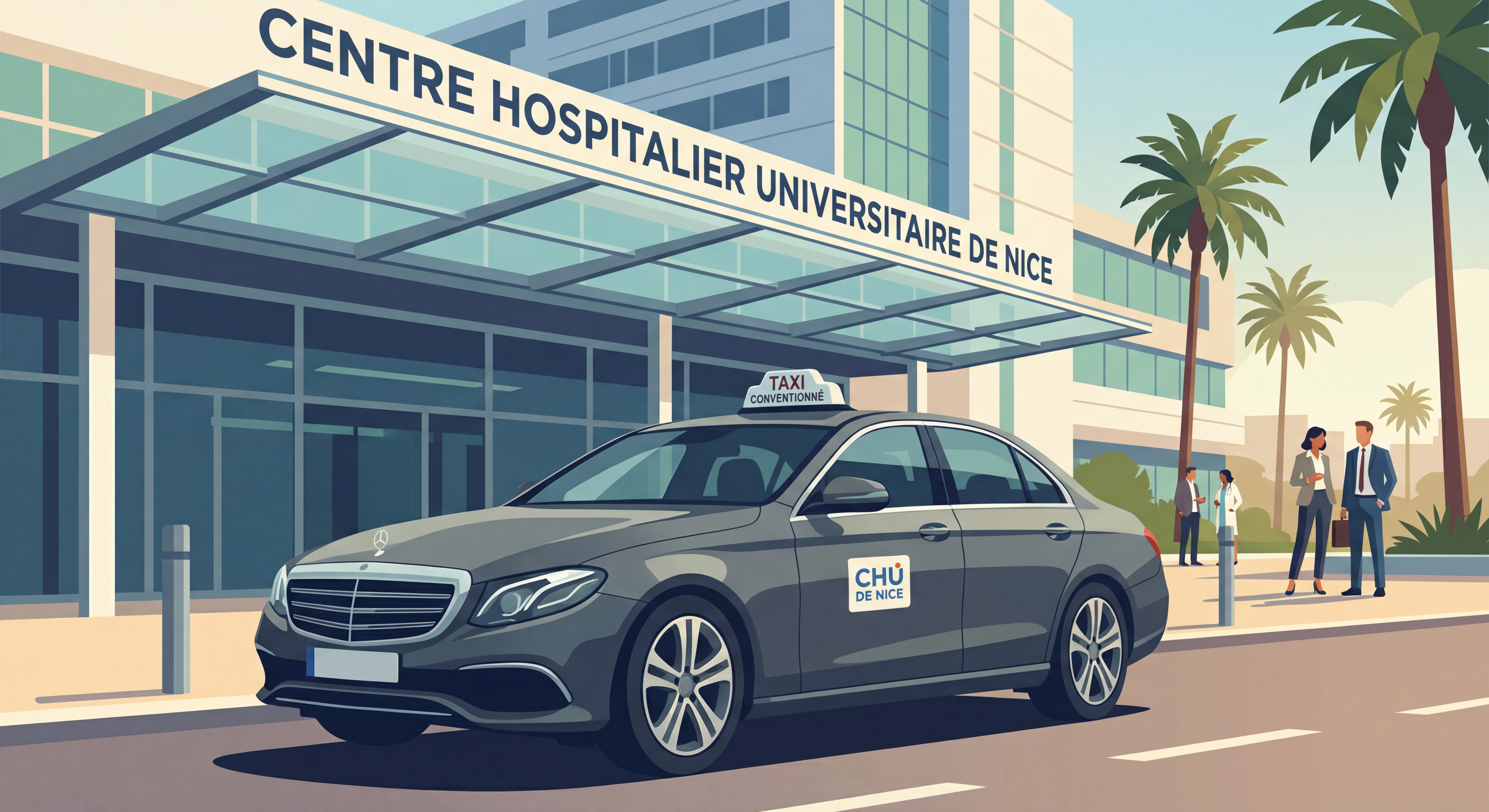 Taxi conventionné professionnel stationné devant l'entrée du CHU de Nice, véhicule moderne et confortable
