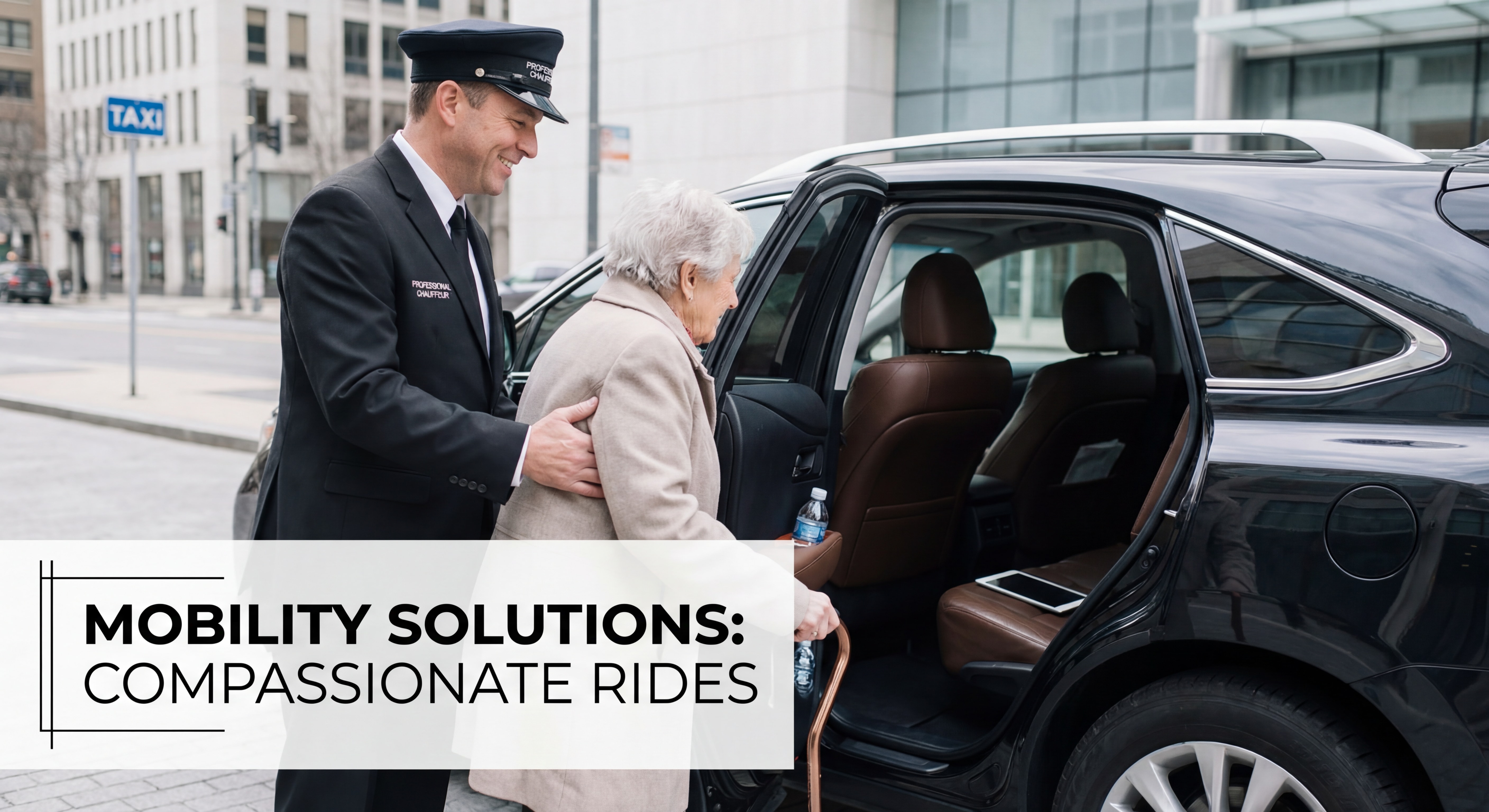 Chauffeur de taxi professionnel souriant aidant une personne âgée à monter dans un véhicule moderne et confortable