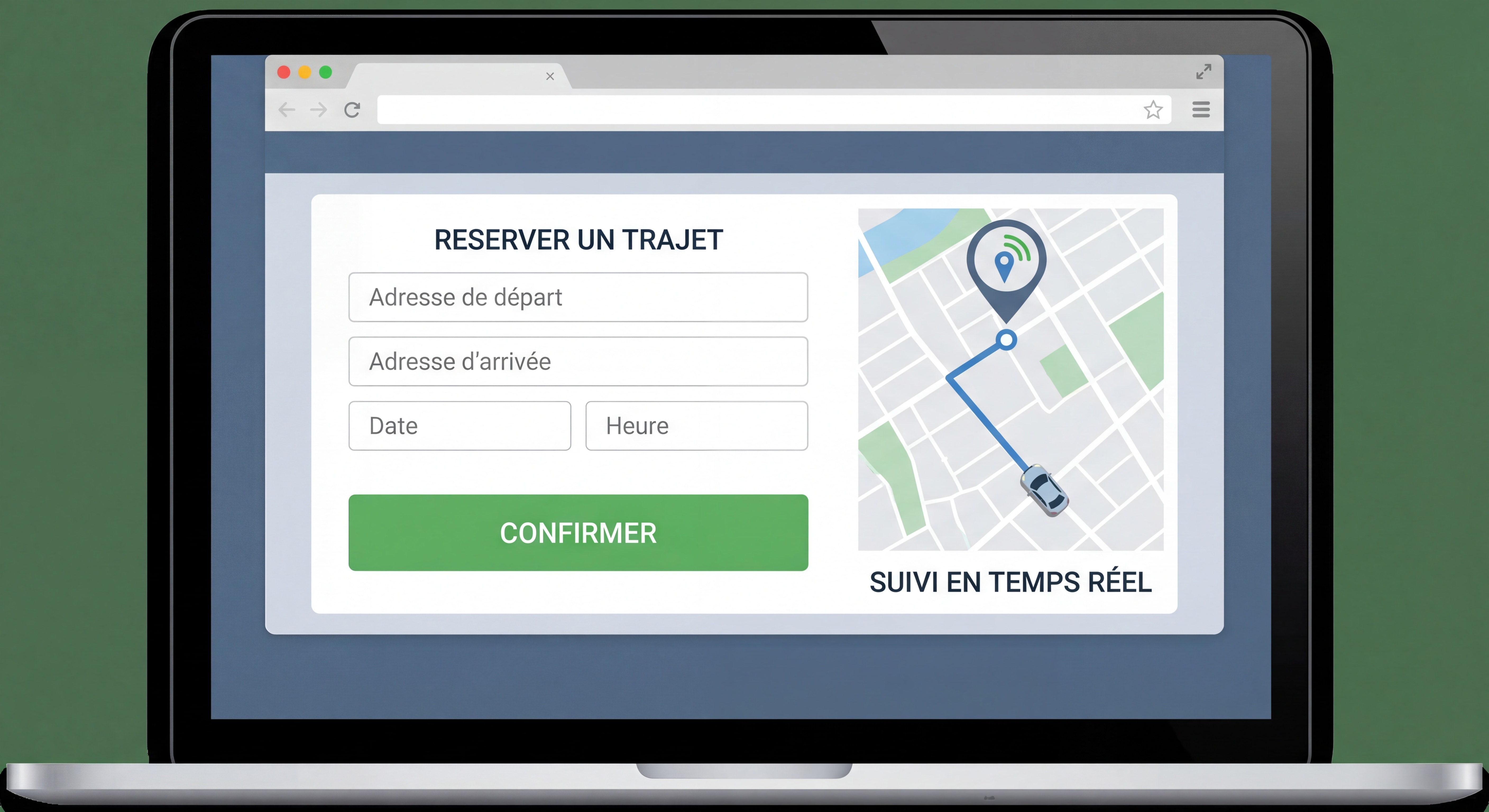 Capture d'écran de l'interface de réservation en ligne montrant le formulaire simple et intuitif avec suivi GPS
