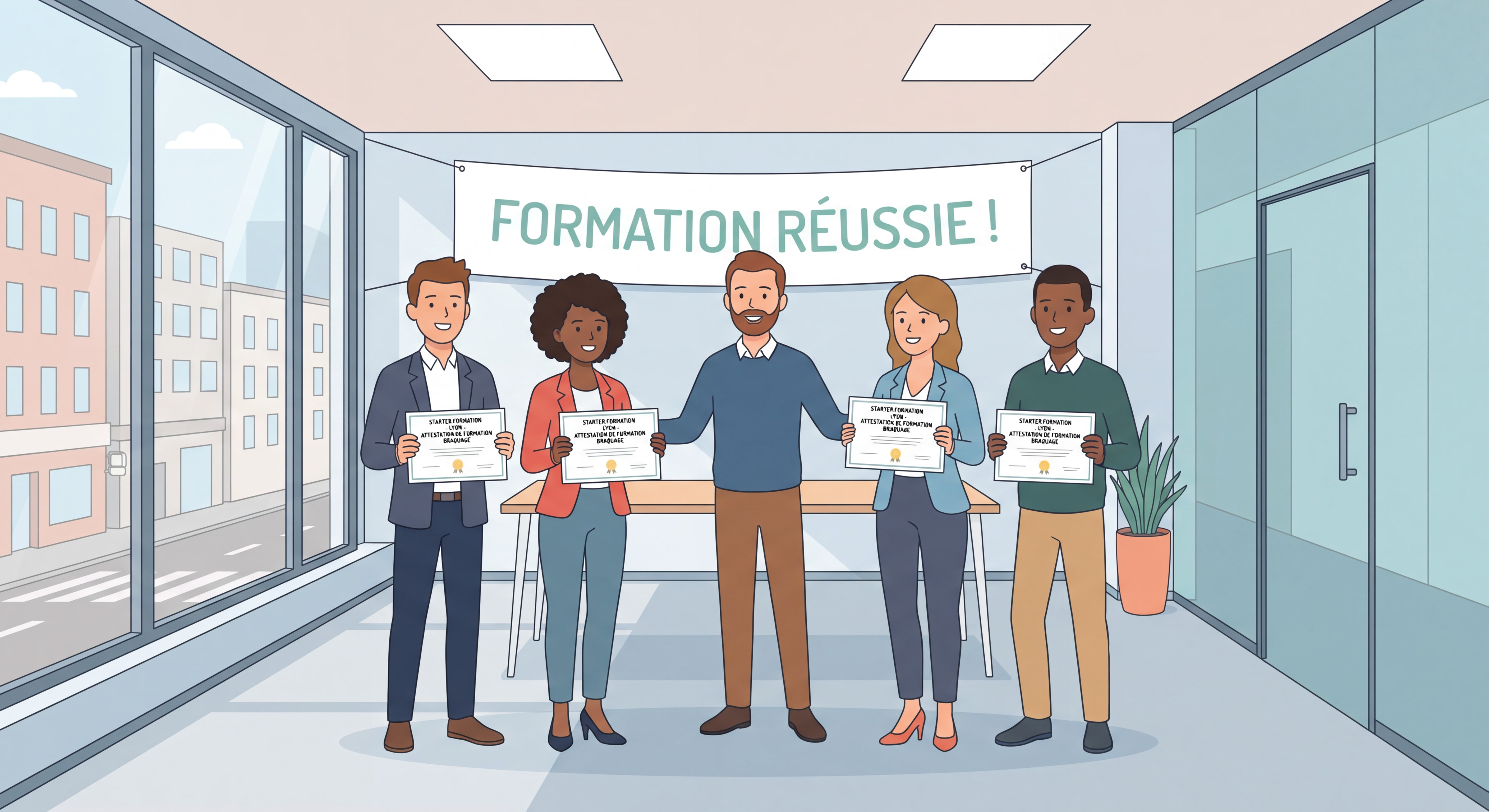 Groupe employés commerce souriants et confiants après formation braquage réussie avec certificats attestations Starter Formation Lyon