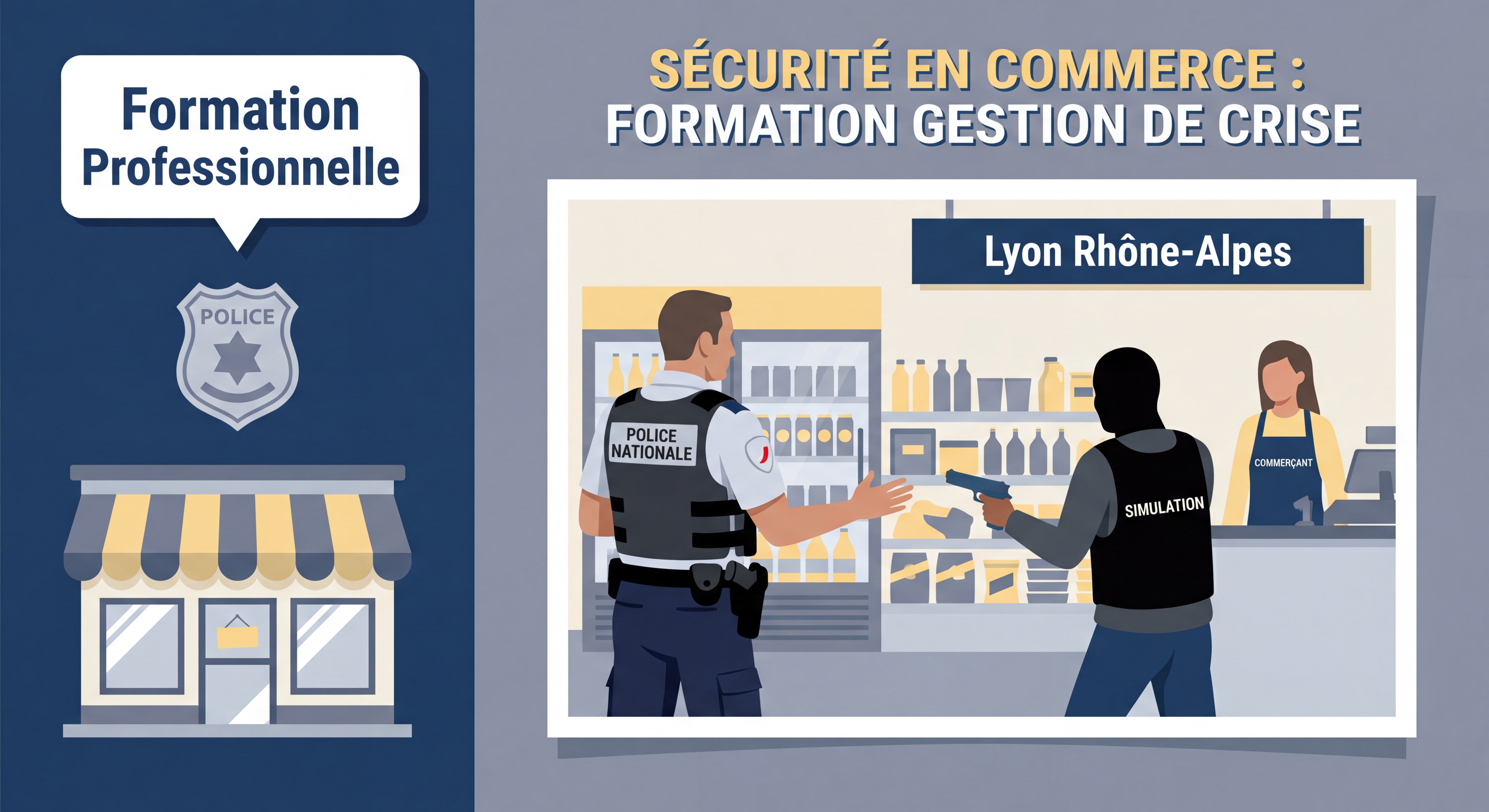 Formation professionnelle braquage magasin avec intervenant policier encadrant mise en situation réelle dans commerce Lyon Rhône-Alpes