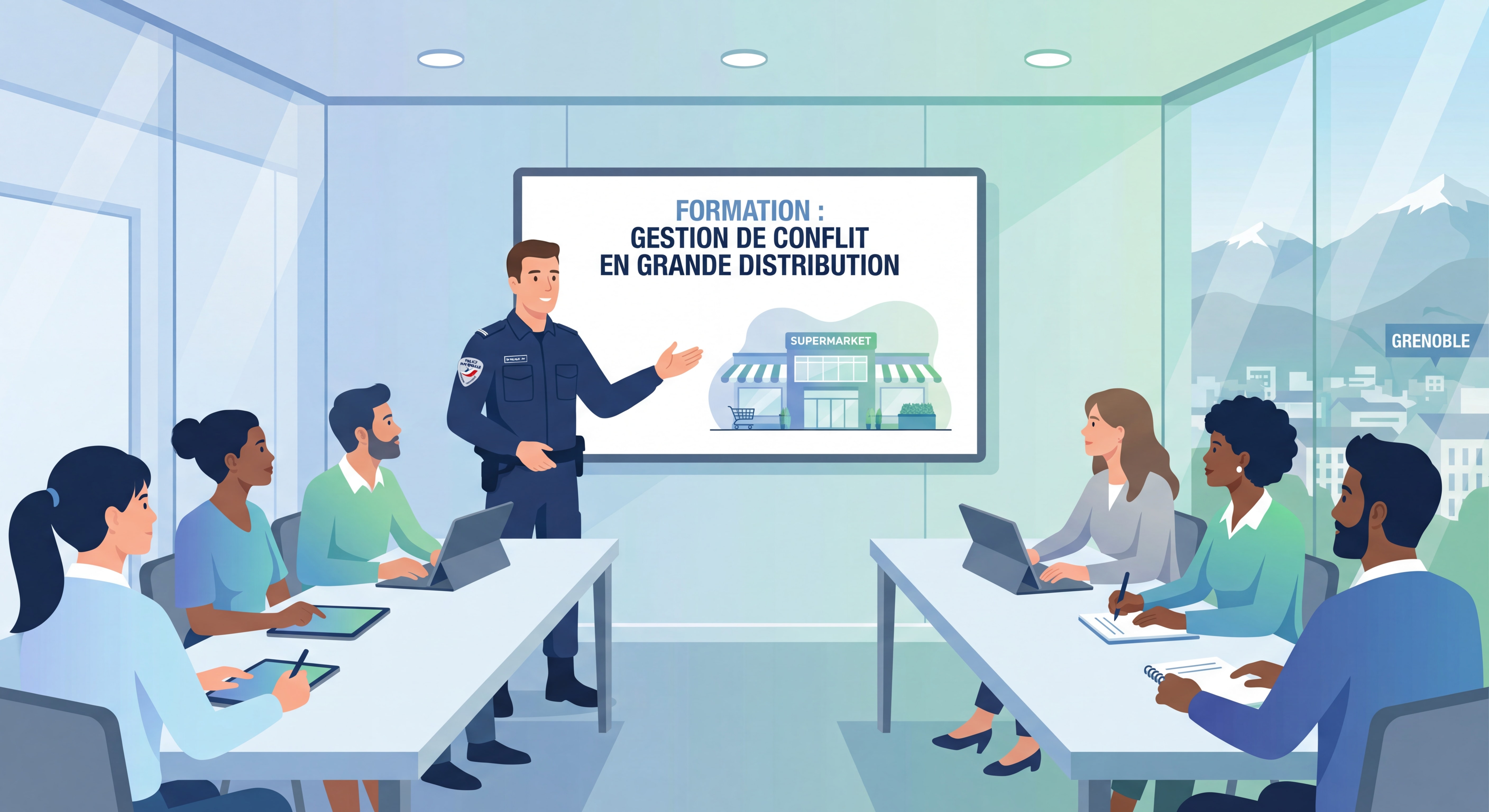 Formateur policier professionnel animant formation gestion conflit braquage grande distribution Grenoble avec participants attentifs