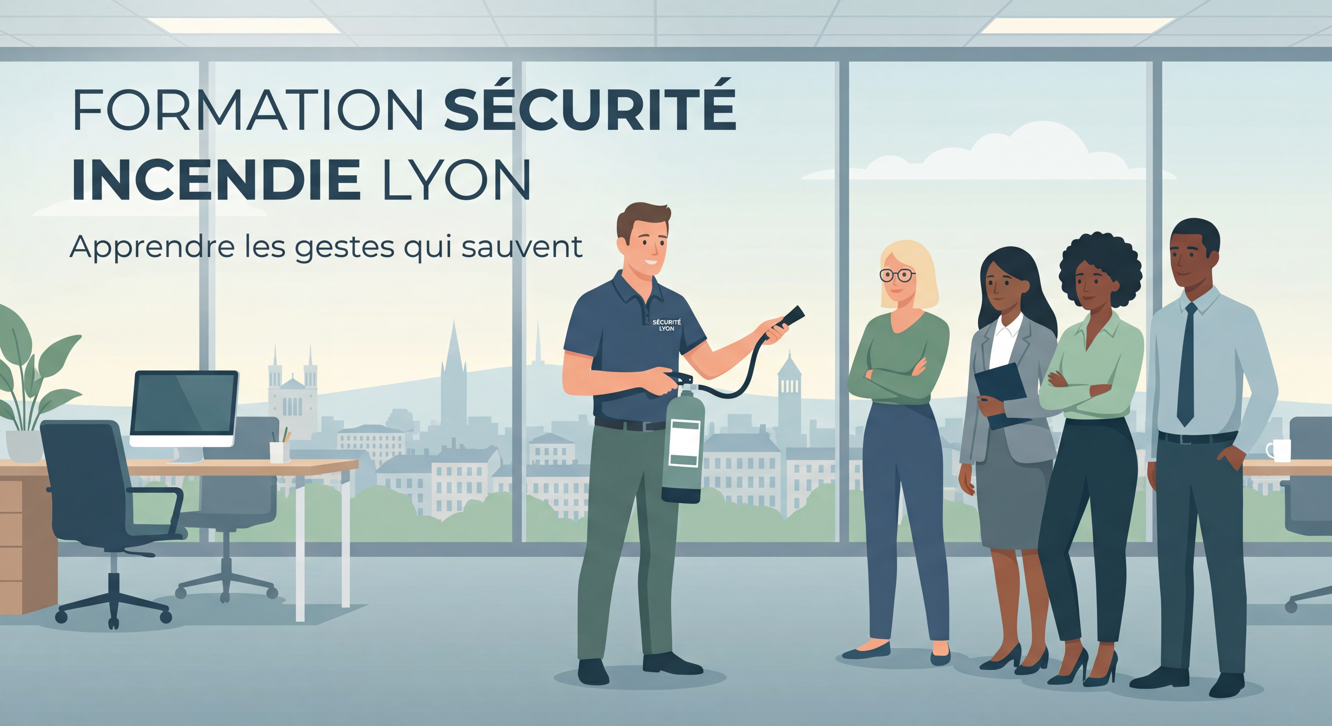 Formateur montrant la manipulation d'un extincteur à un groupe de salariés dans une entreprise lyonnaise, formation sécurité incendie Lyon