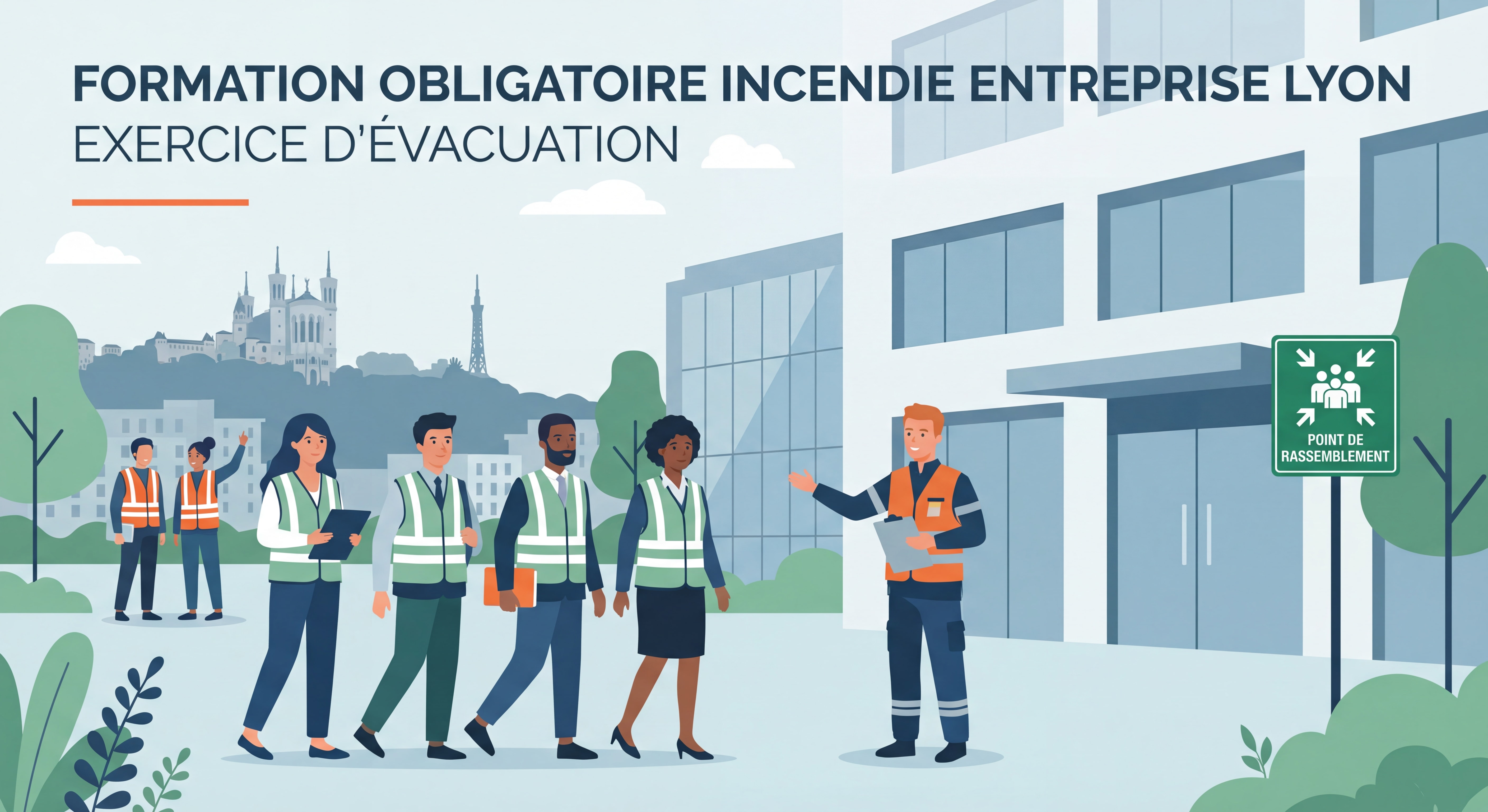 Groupe de collaborateurs en formation incendie dans une entreprise lyonnaise, exercice pratique d'évacuation, formation obligatoire incendie entreprise Lyon