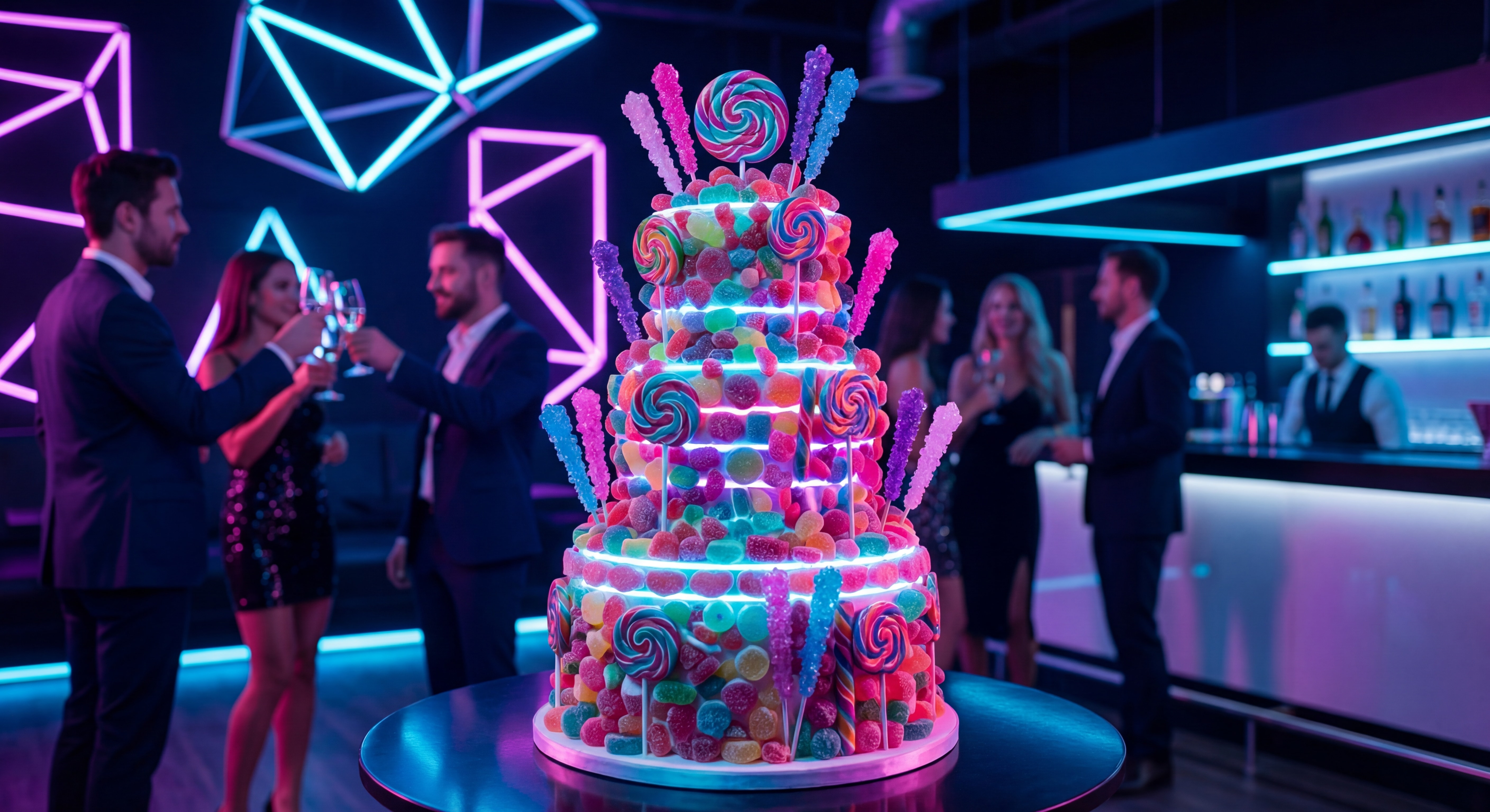 Spectaculaire gâteau de bonbons multicolore illuminé par les néons d'une boîte de nuit moderne, avec des clients VIP en arrière-plan dans une ambiance festive