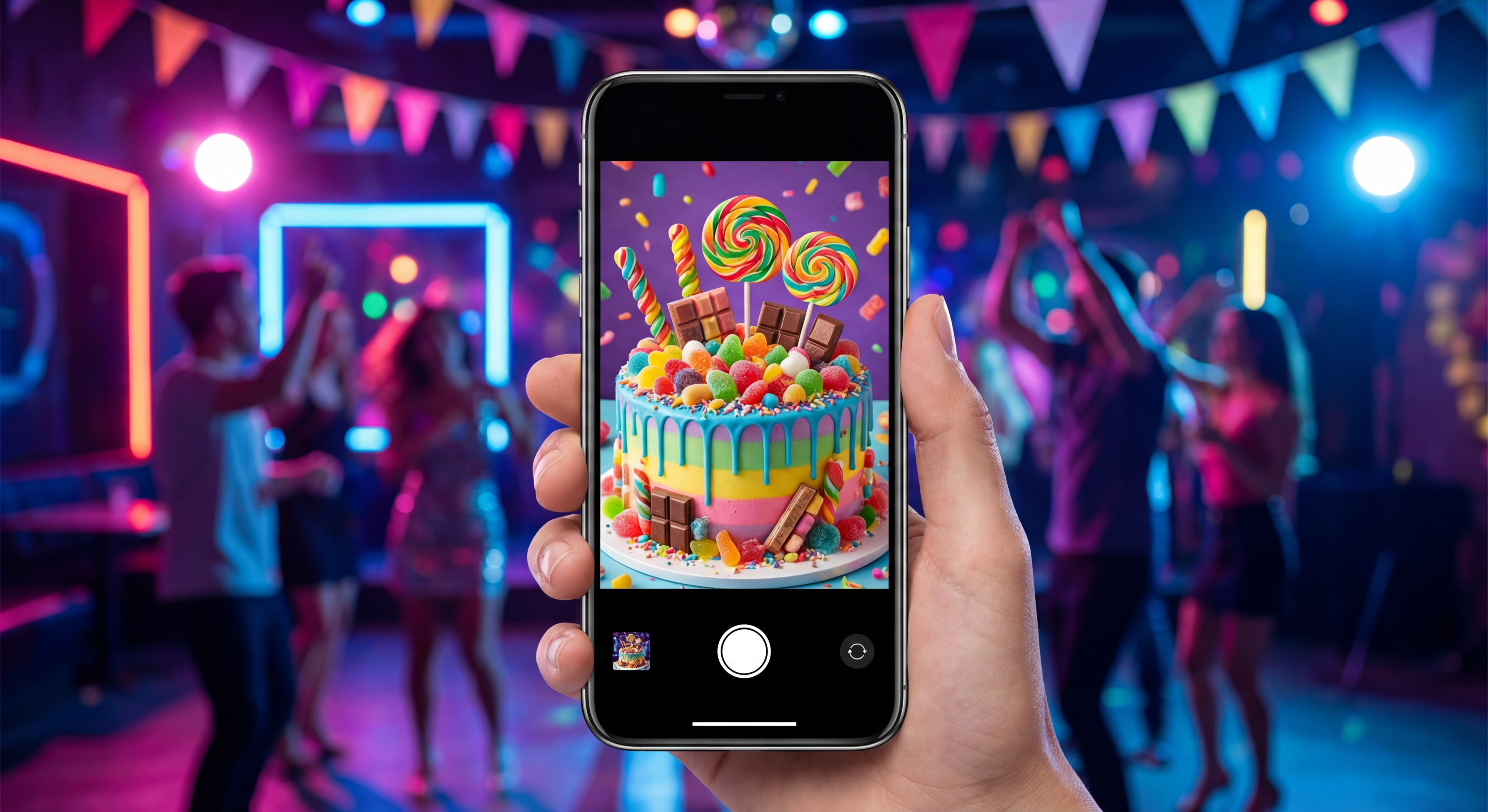 Close-up d'un smartphone capturant en photo un magnifique gâteau de bonbons coloré, avec en arrière-plan flou une ambiance de boîte de nuit, illustrant le potentiel Instagram du concept