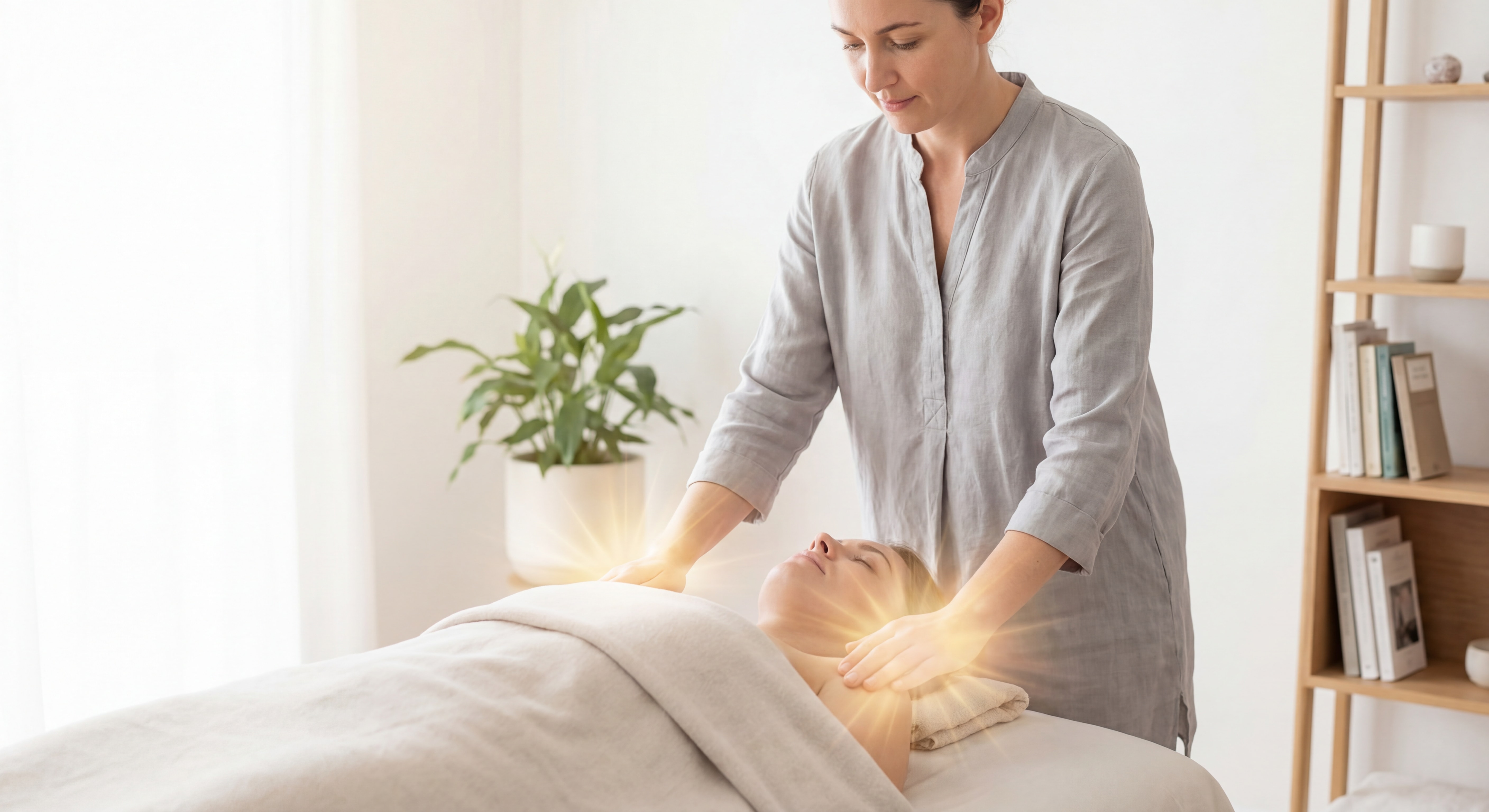 Praticien de Reiki effectuant un soin énergétique avec les mains émettant une lumière dorée pour gérer le stress et le burn-out

