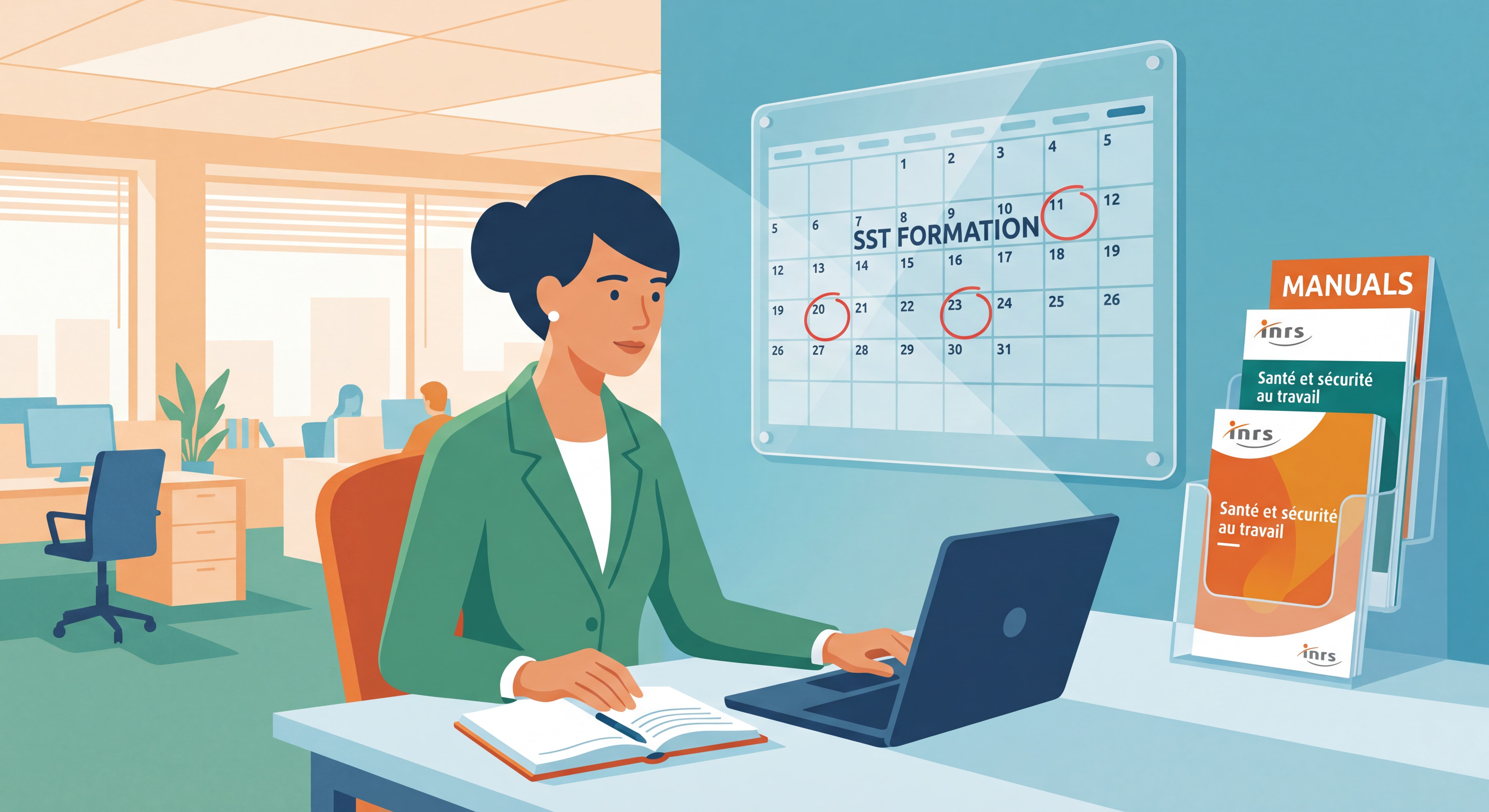 Organisation formation SST en entreprise - Responsable RH planifiant une session de formation avec calendrier et documentation INRS