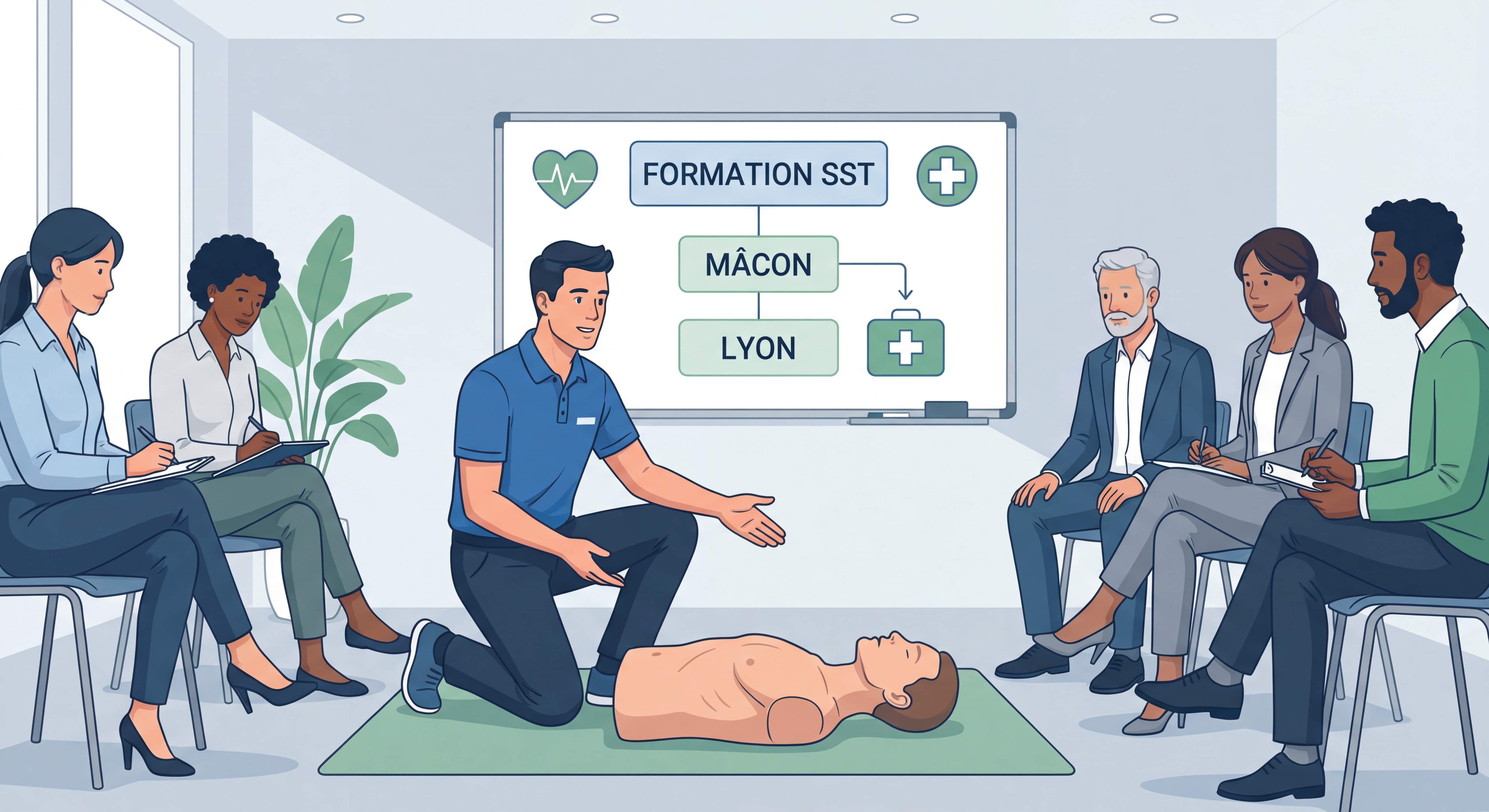 Formation SST à Mâcon et Lyon - Formateur enseignant les gestes de premiers secours avec mannequin de réanimation
