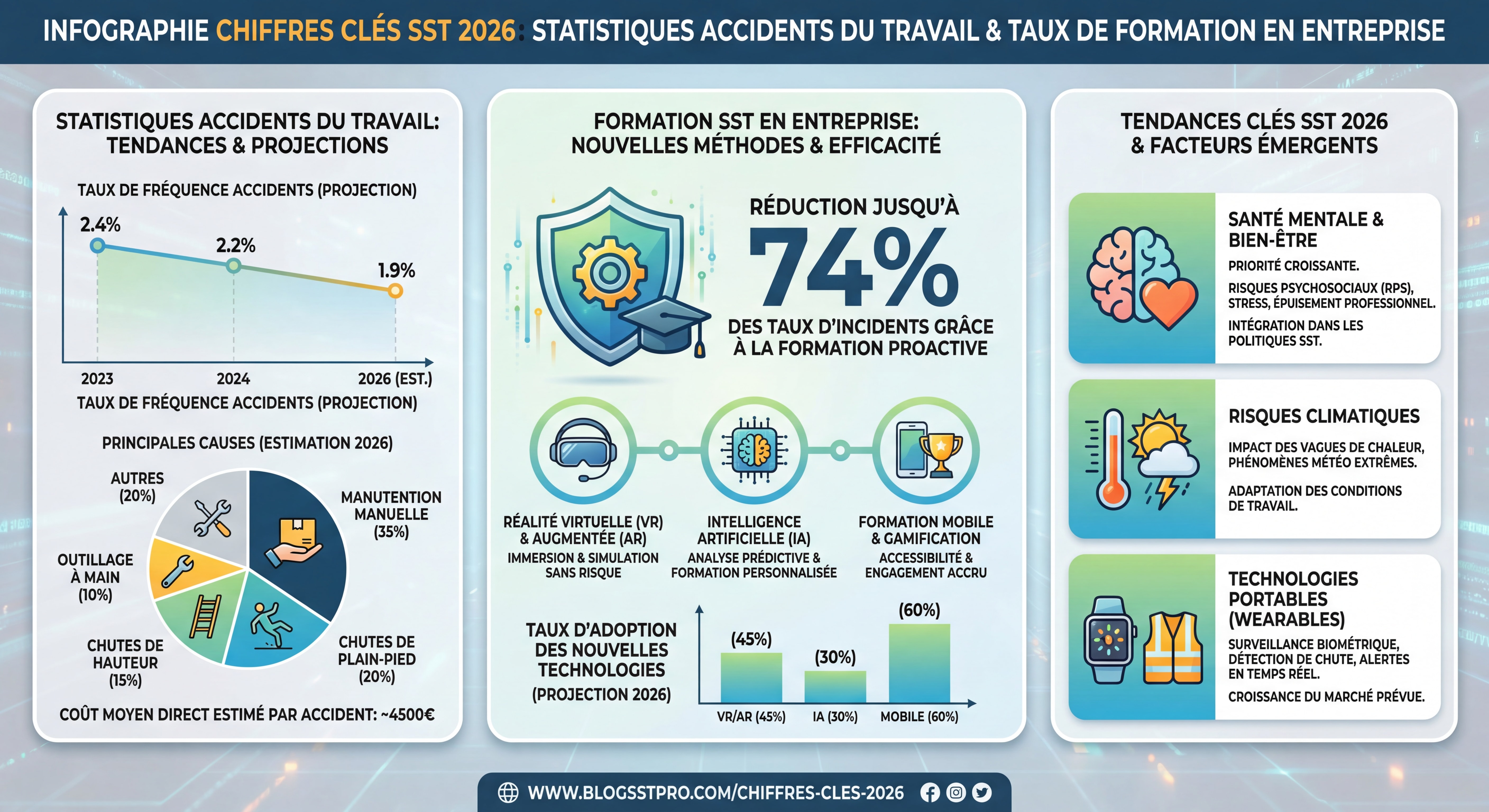 Infographie chiffres clés SST 2026 - Statistiques accidents du travail et taux de formation en entreprise