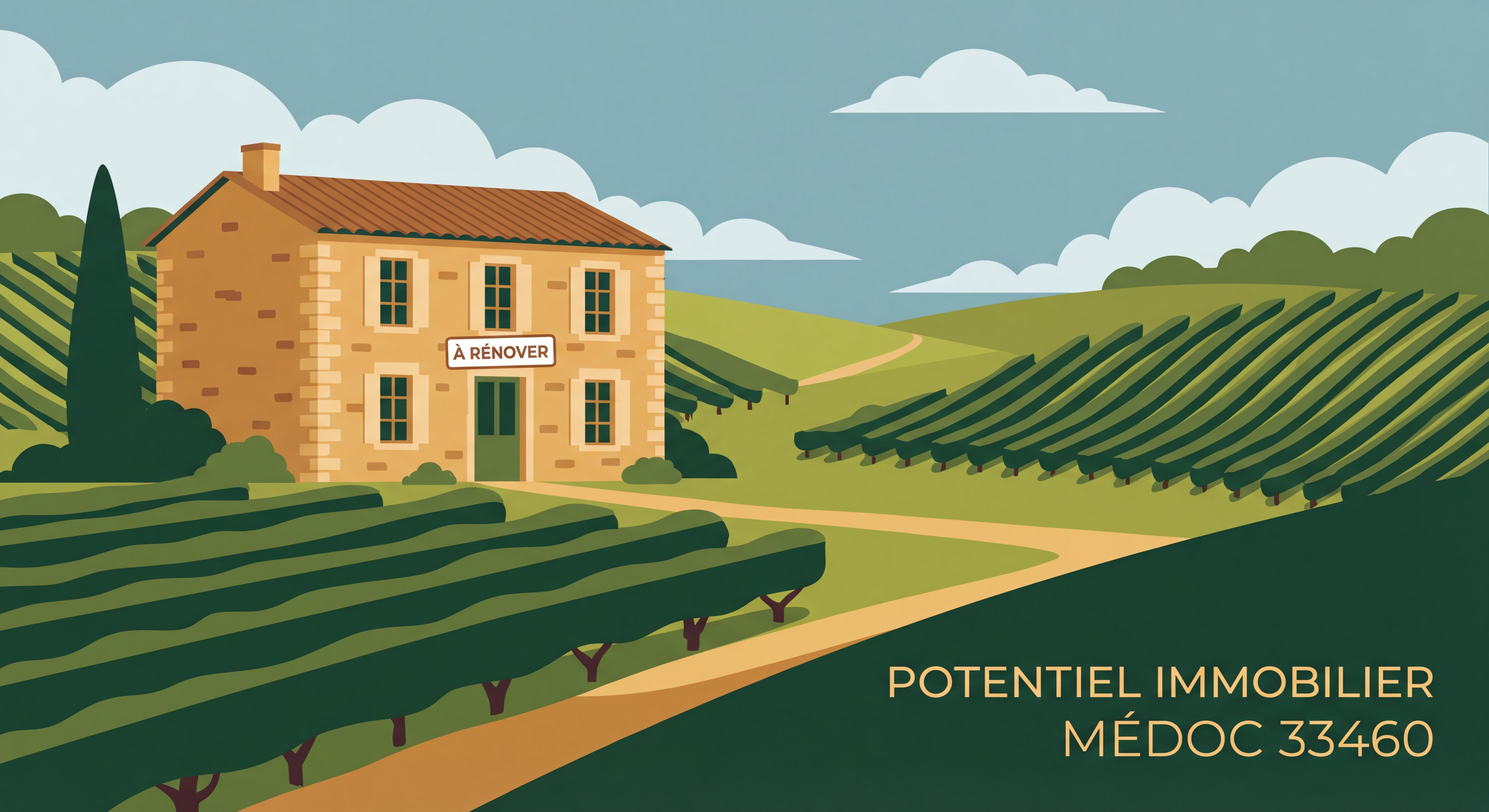 Maison girondine traditionnelle à rénover dans le Médoc avec vignobles en arrière-plan, représentant le potentiel immobilier du secteur 33460