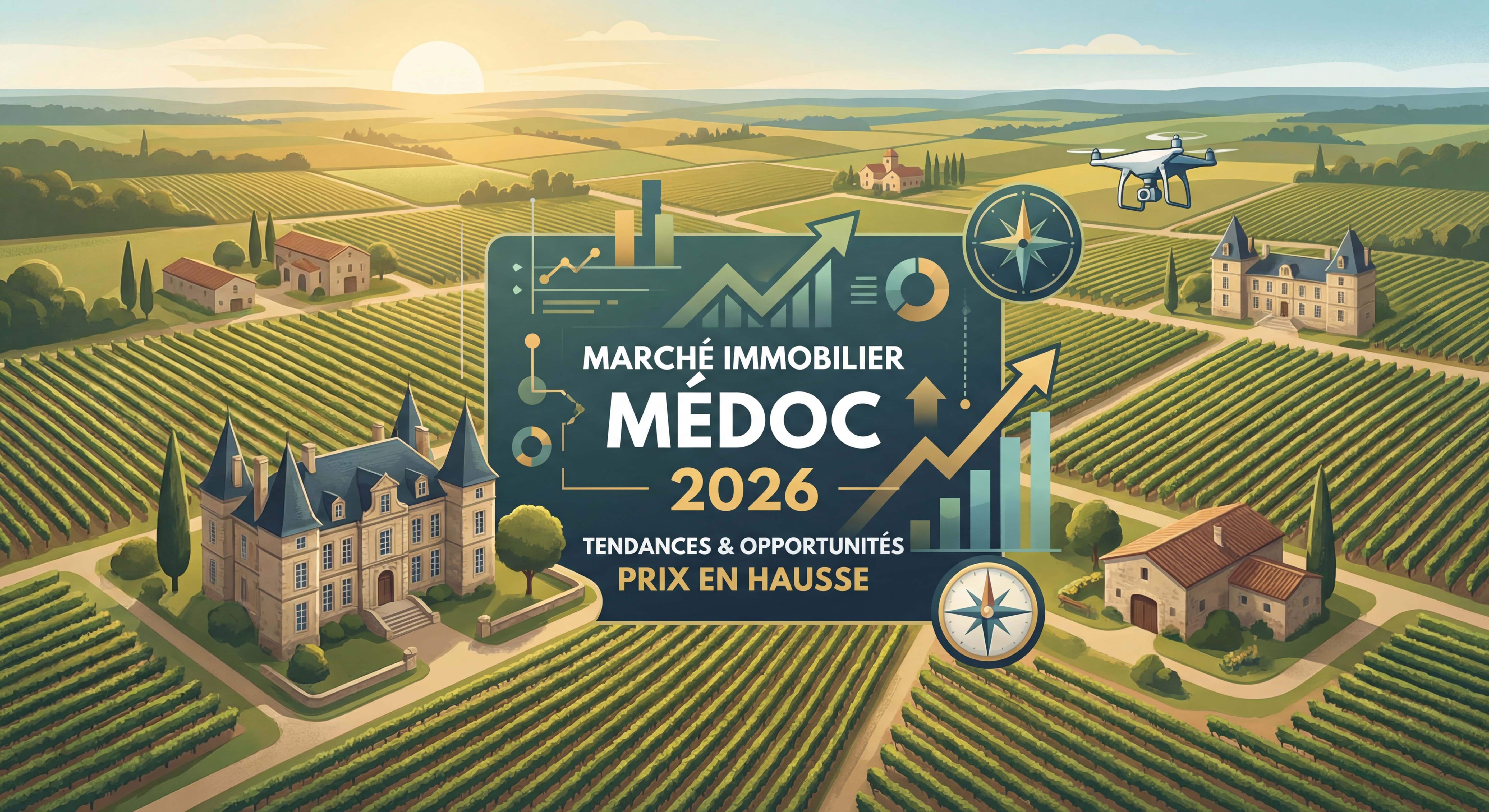 Vue aérienne du Médoc avec vignobles et maisons traditionnelles, représentant le marché immobilier local en 2026