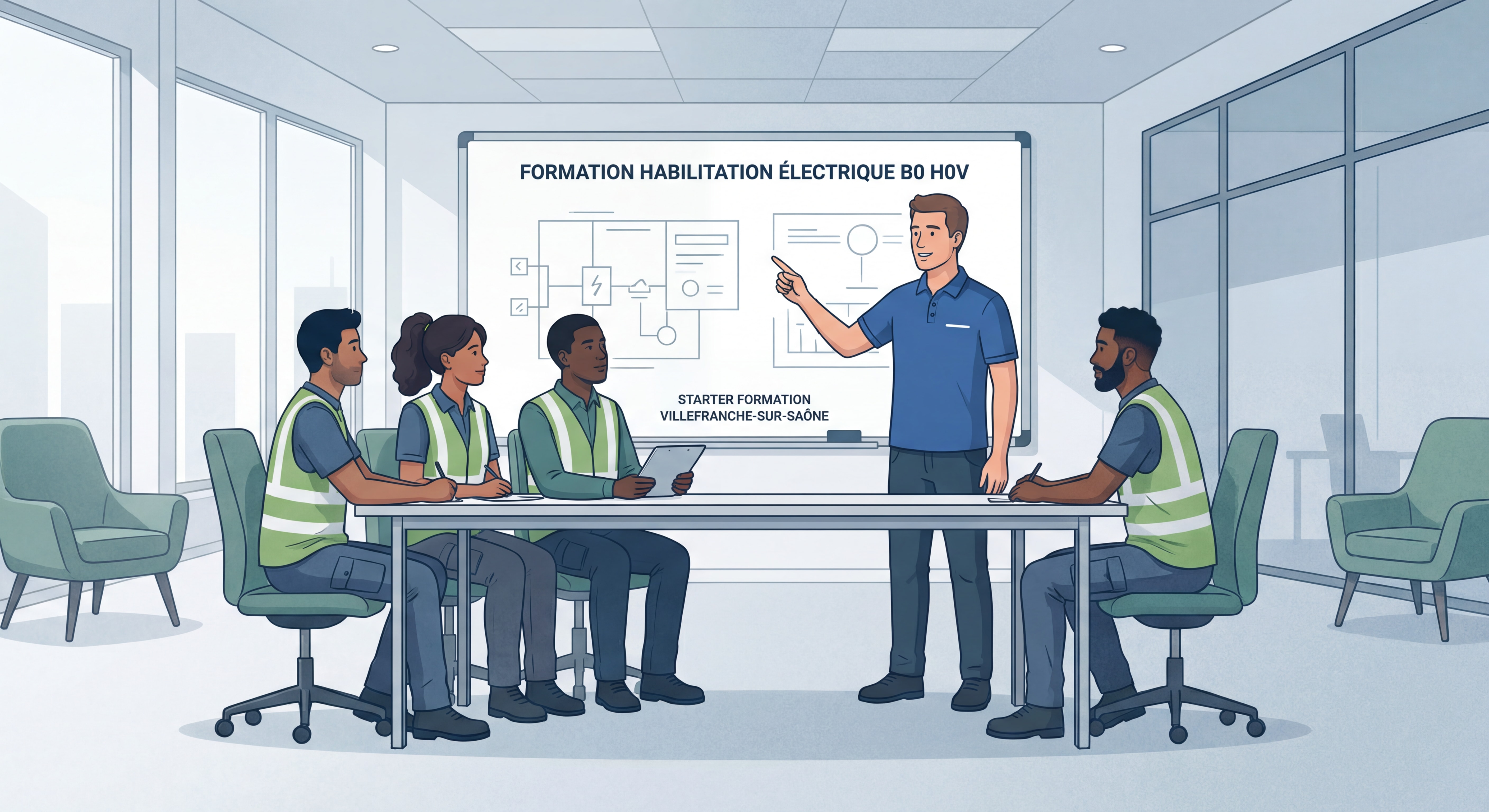 Formation habilitation électrique B0 H0V en cours chez Starter Formation à Villefranche-sur-Saône avec formateur et stagiaires