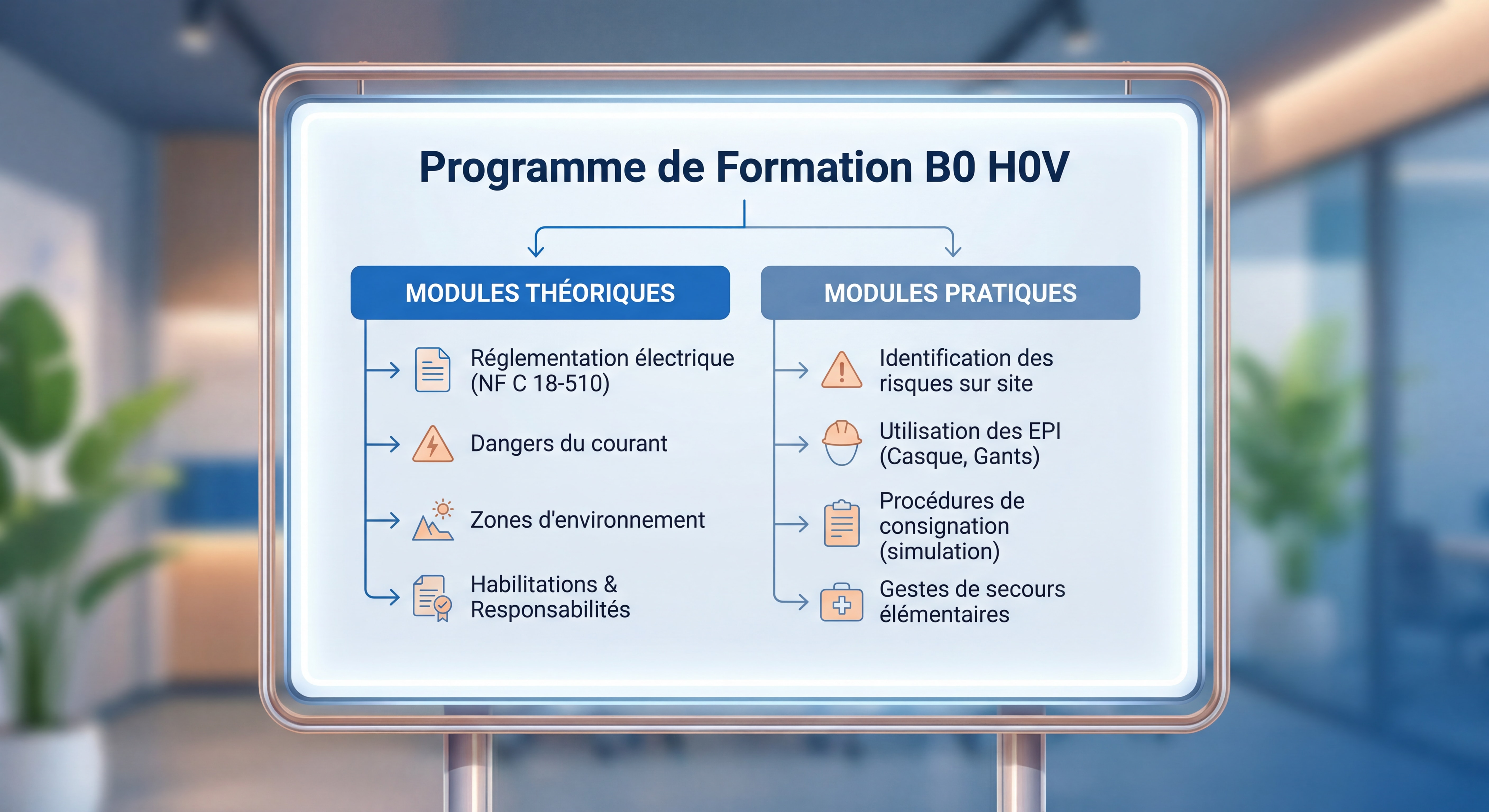 Programme détaillé de la formation B0 H0V avec modules théoriques et pratiques affichés sur tableau pédagogique