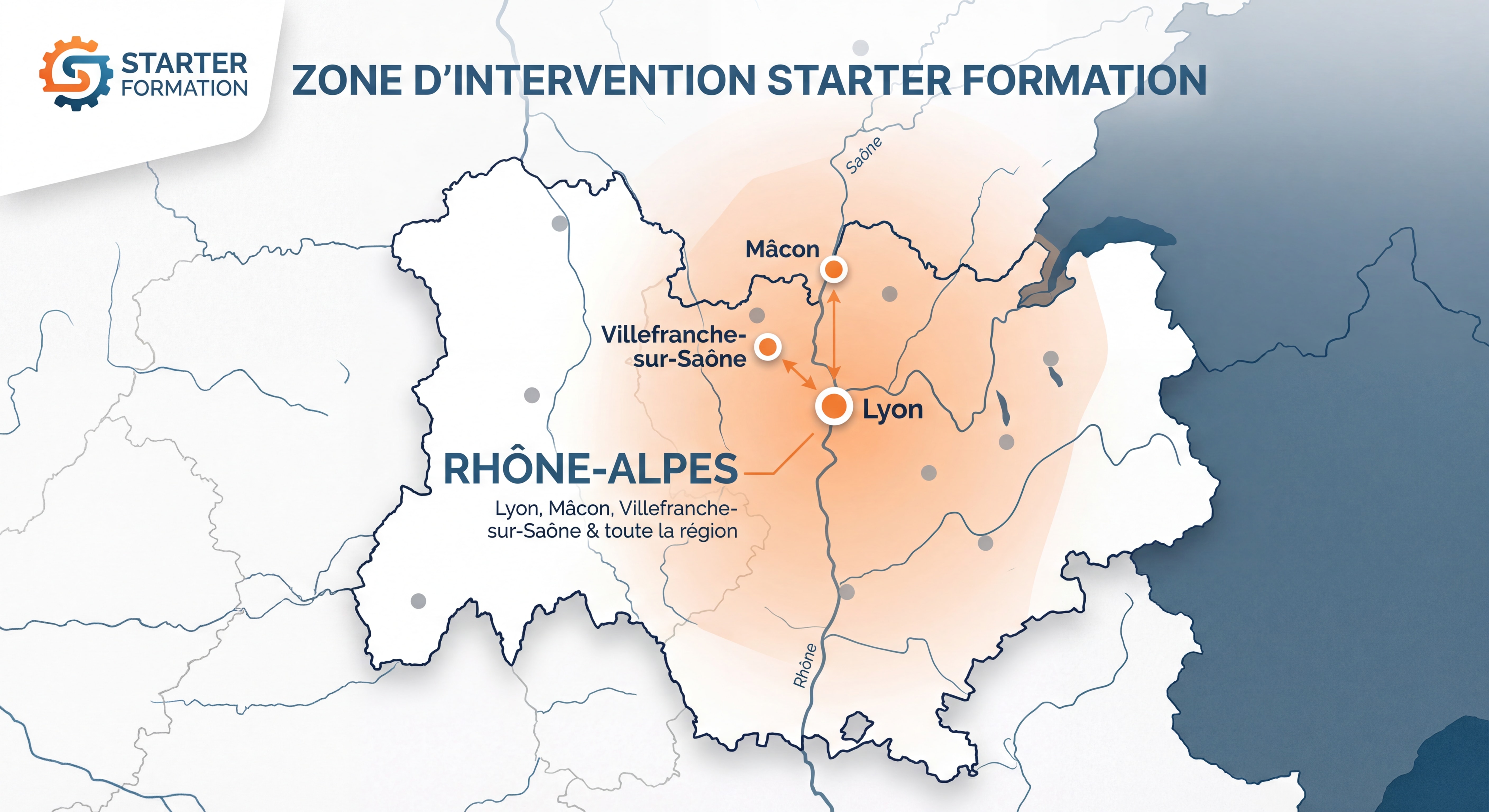 Carte géographique de la zone d'intervention Starter Formation couvrant Lyon, Mâcon, Villefranche-sur-Saône et la région Rhône-Alpes