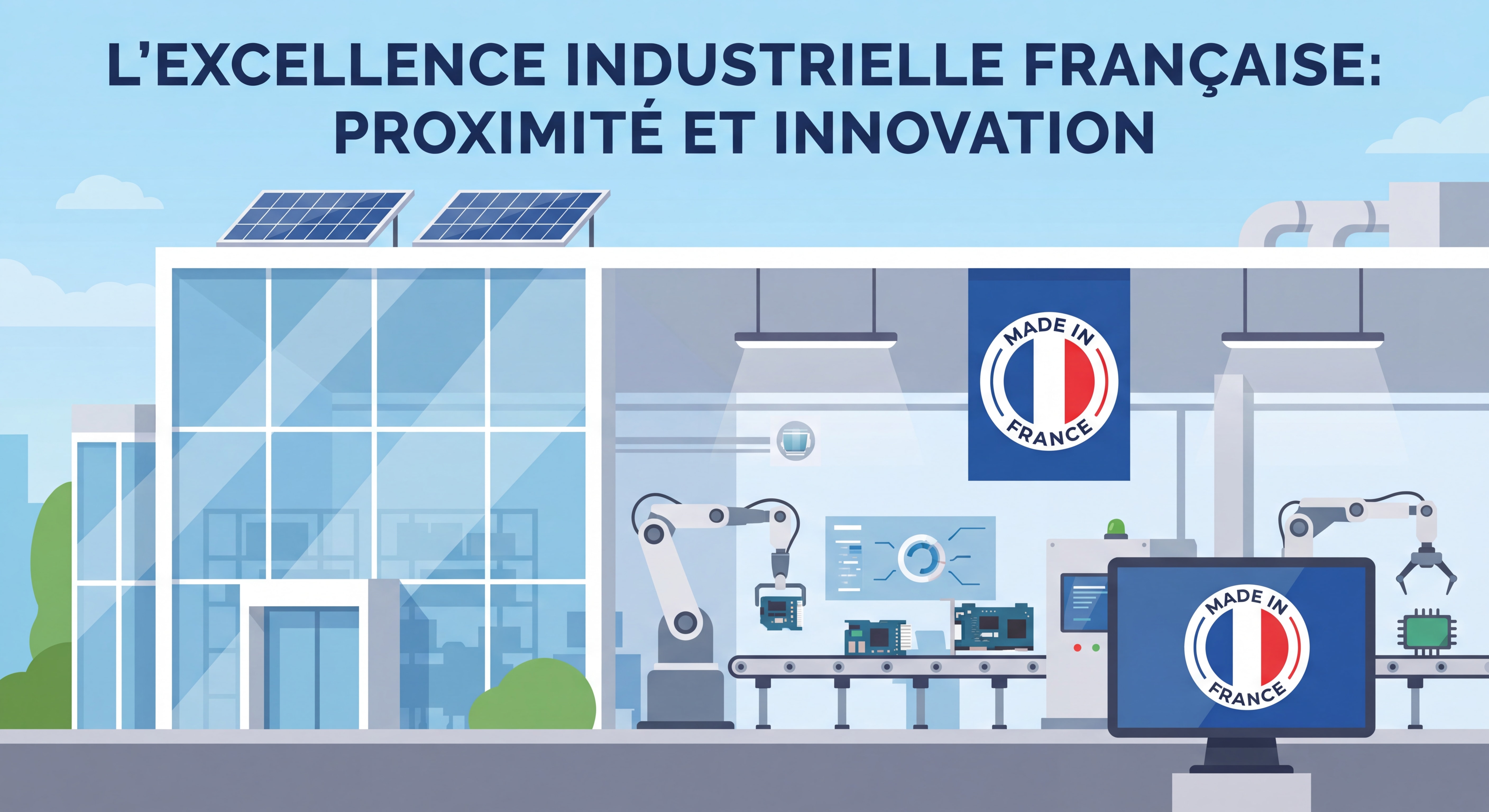 Usine moderne française avec ligne de production automatisée et label Made in France visible, illustrant l'excellence industrielle et la proximité de fabrication