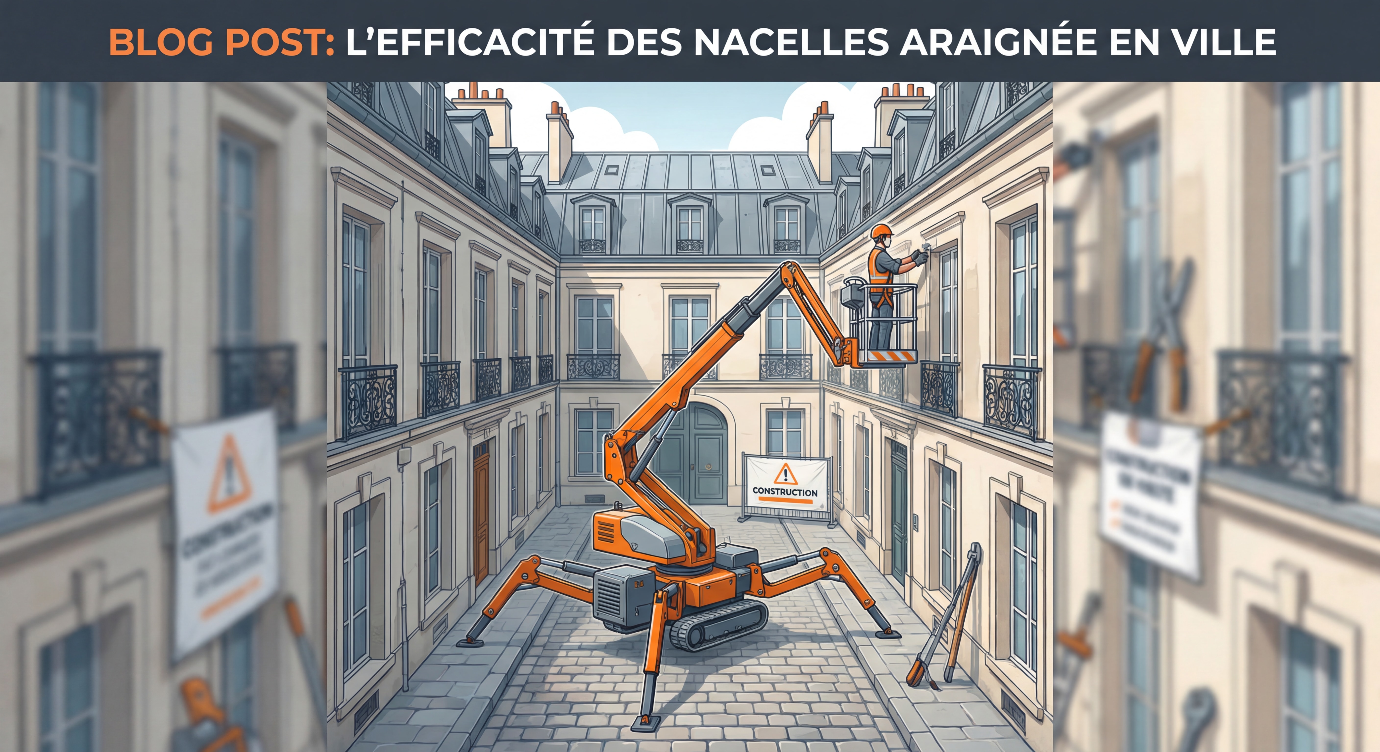 Nacelle araignée en action sur un chantier parisien, déployée dans une cour intérieure étroite avec ses stabilisateurs visibles