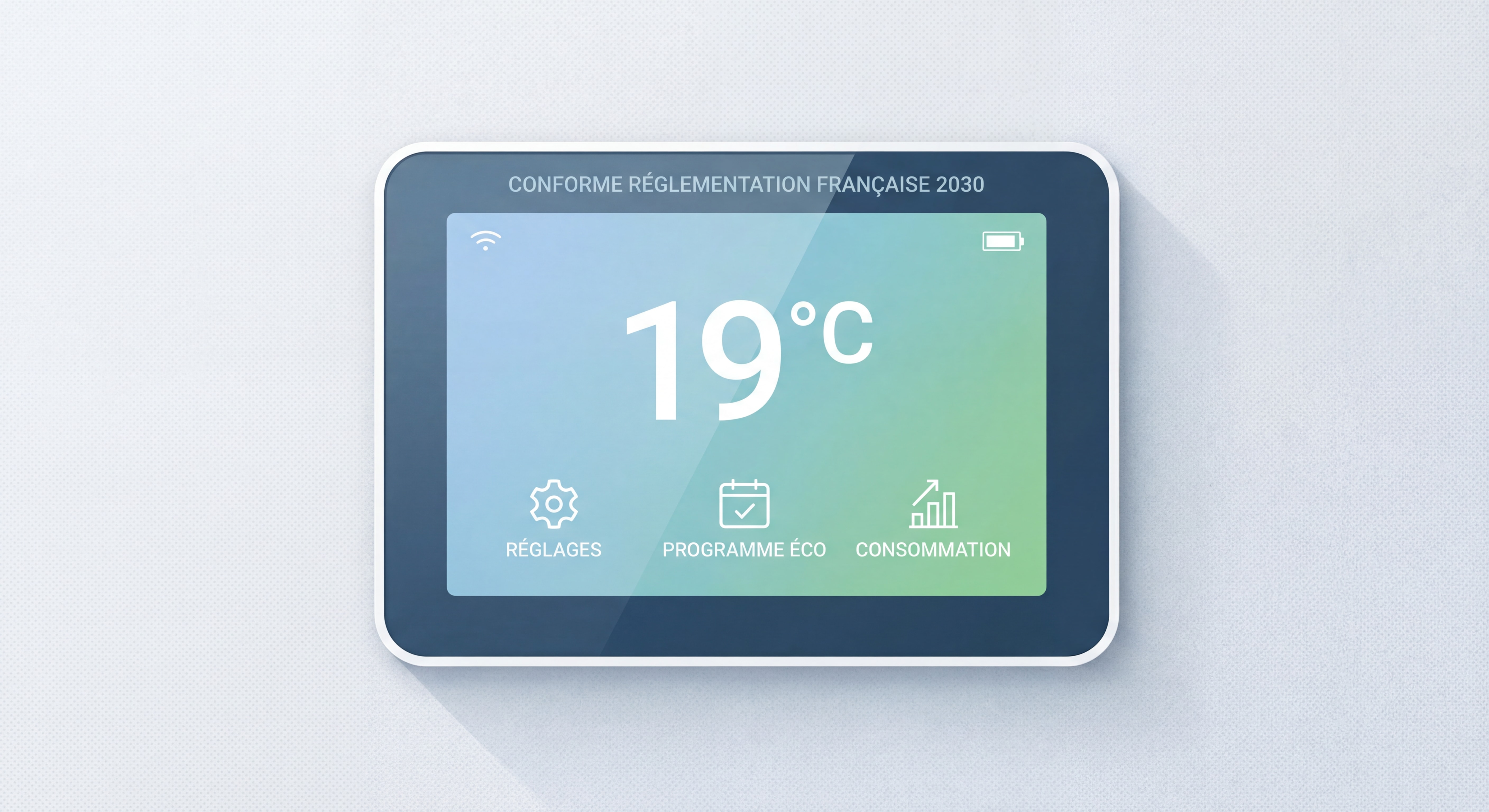 Thermostat digital programmable moderne installé sur un mur avec affichage de température et interface tactile - réglementation française 2030