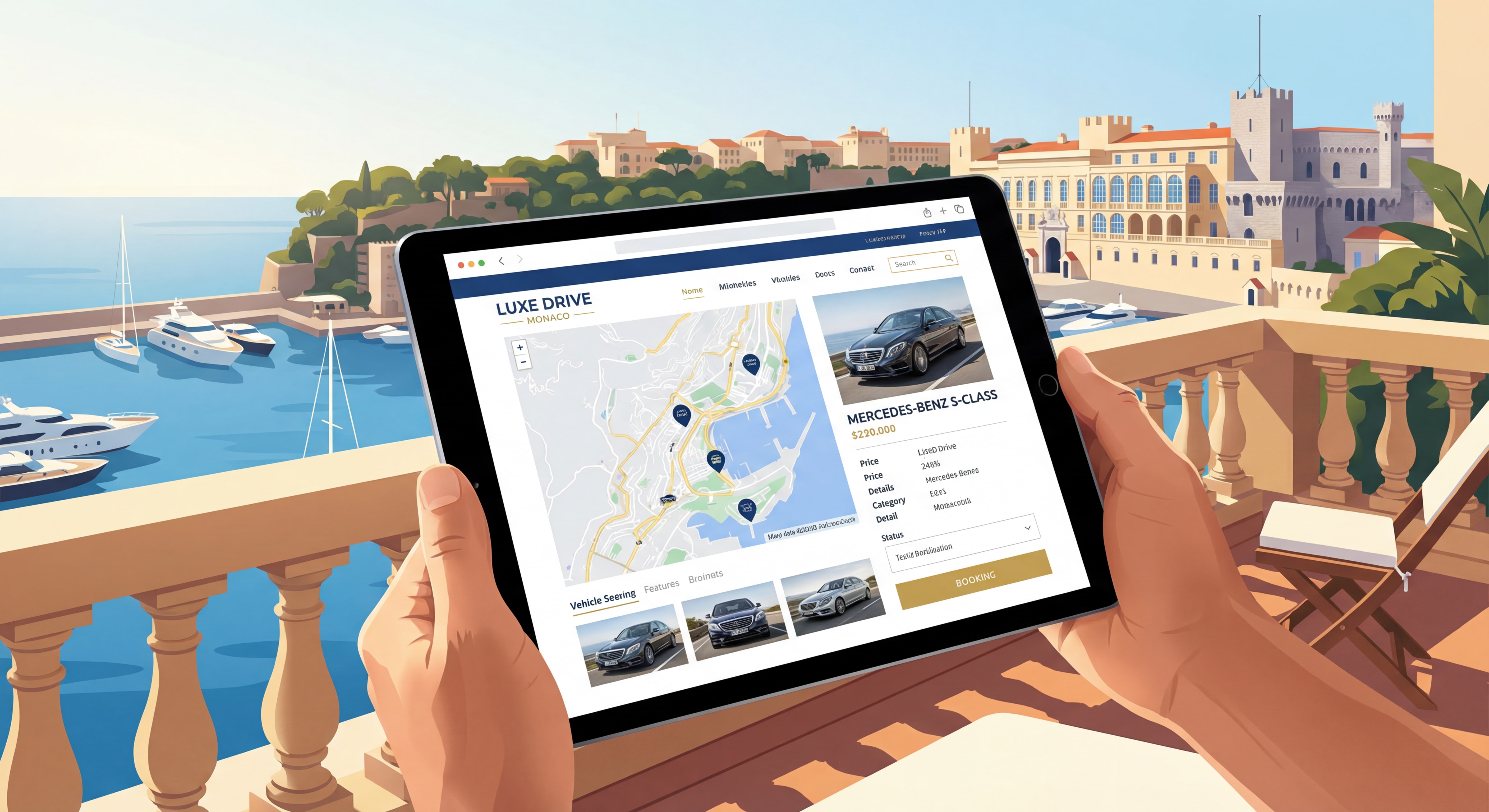 Interface de réservation en ligne sur tablette montrant la sélection d'un véhicule Mercedes pour un transfert à Monaco