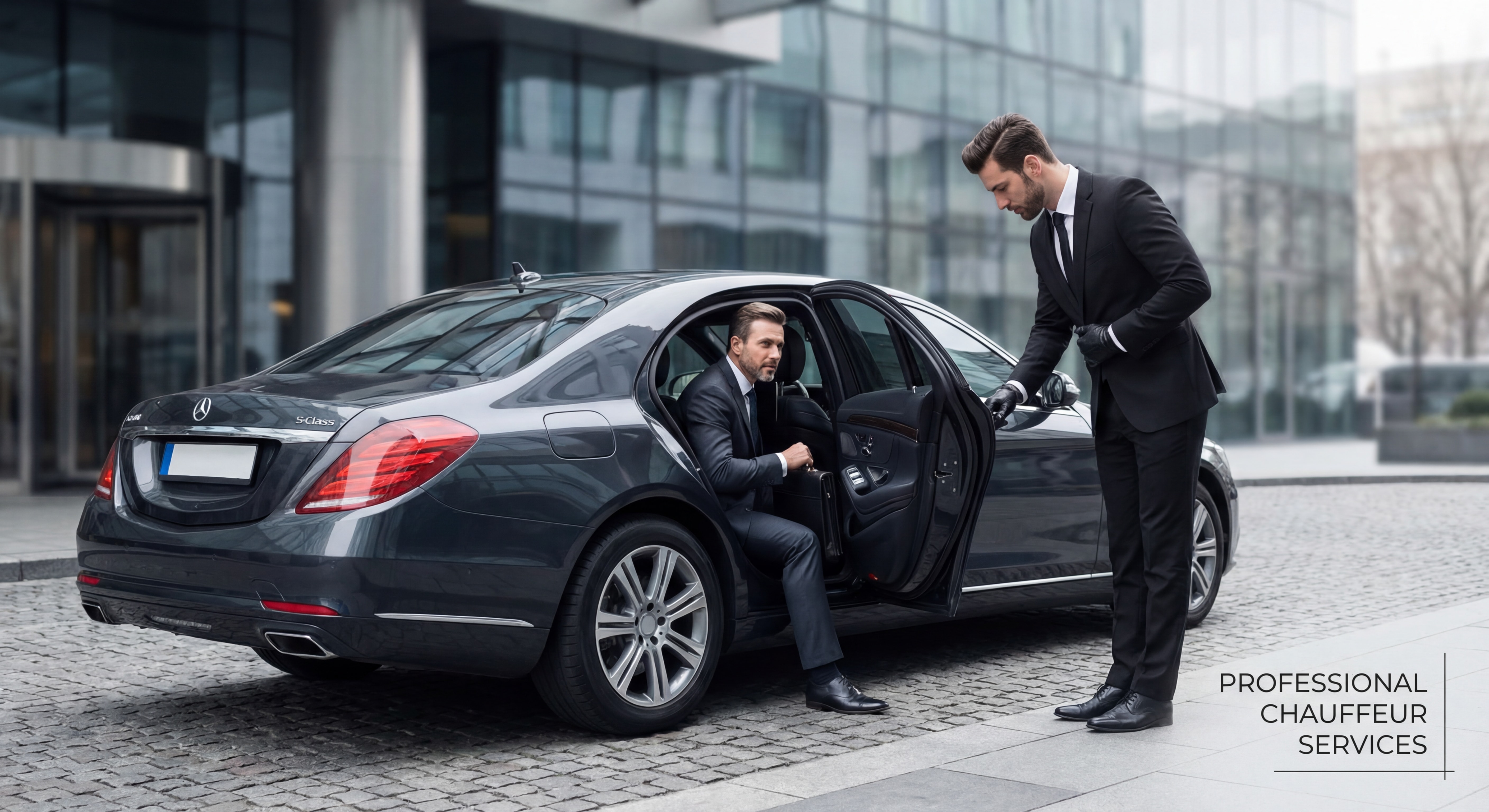 Chauffeur professionnel en costume noir ouvrant la portière arrière d'une Mercedes pour un client VIP