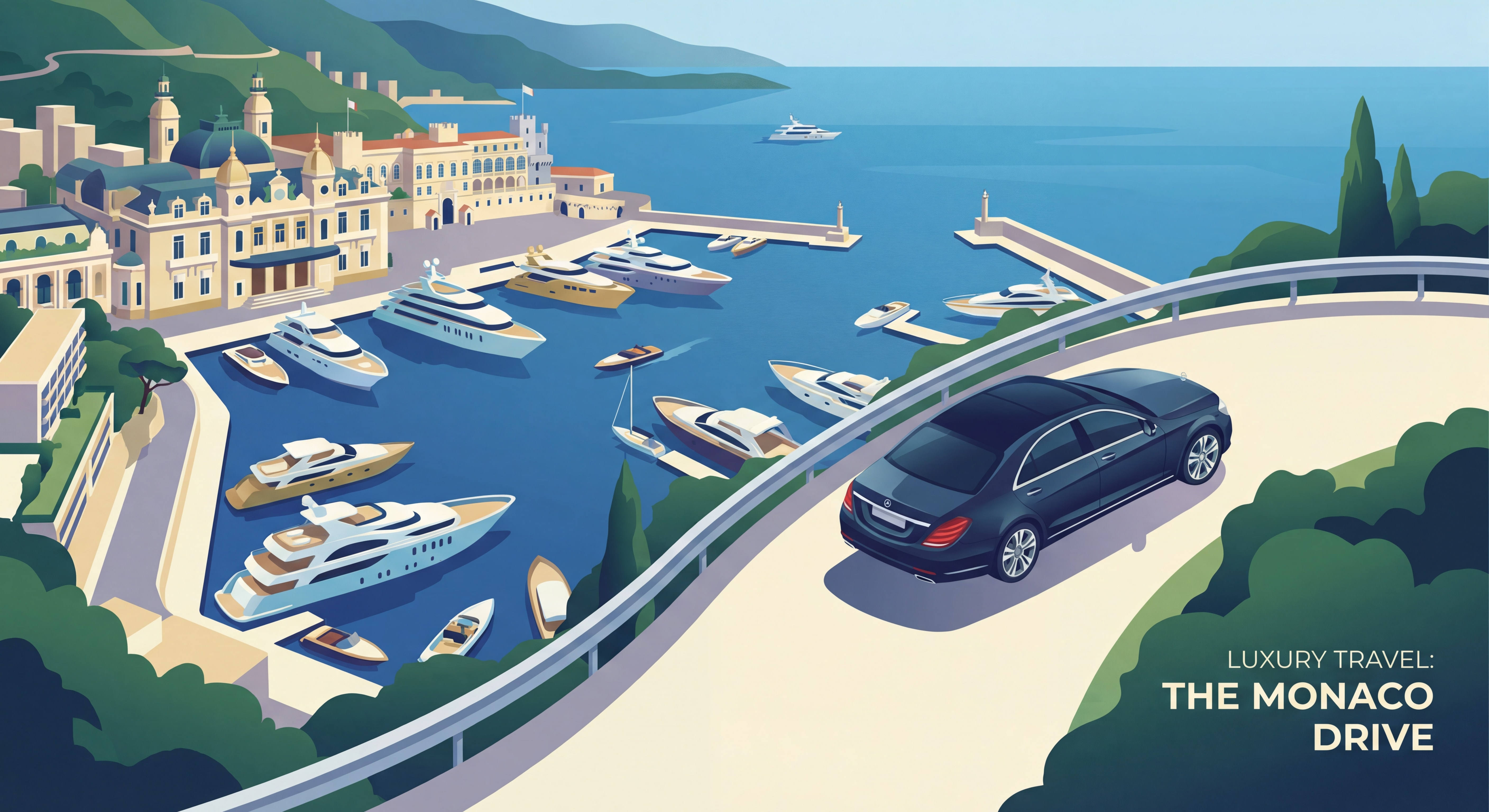 Vue aérienne d'une berline de luxe circulant sur la route panoramique de Monaco avec vue sur le port et les yachts