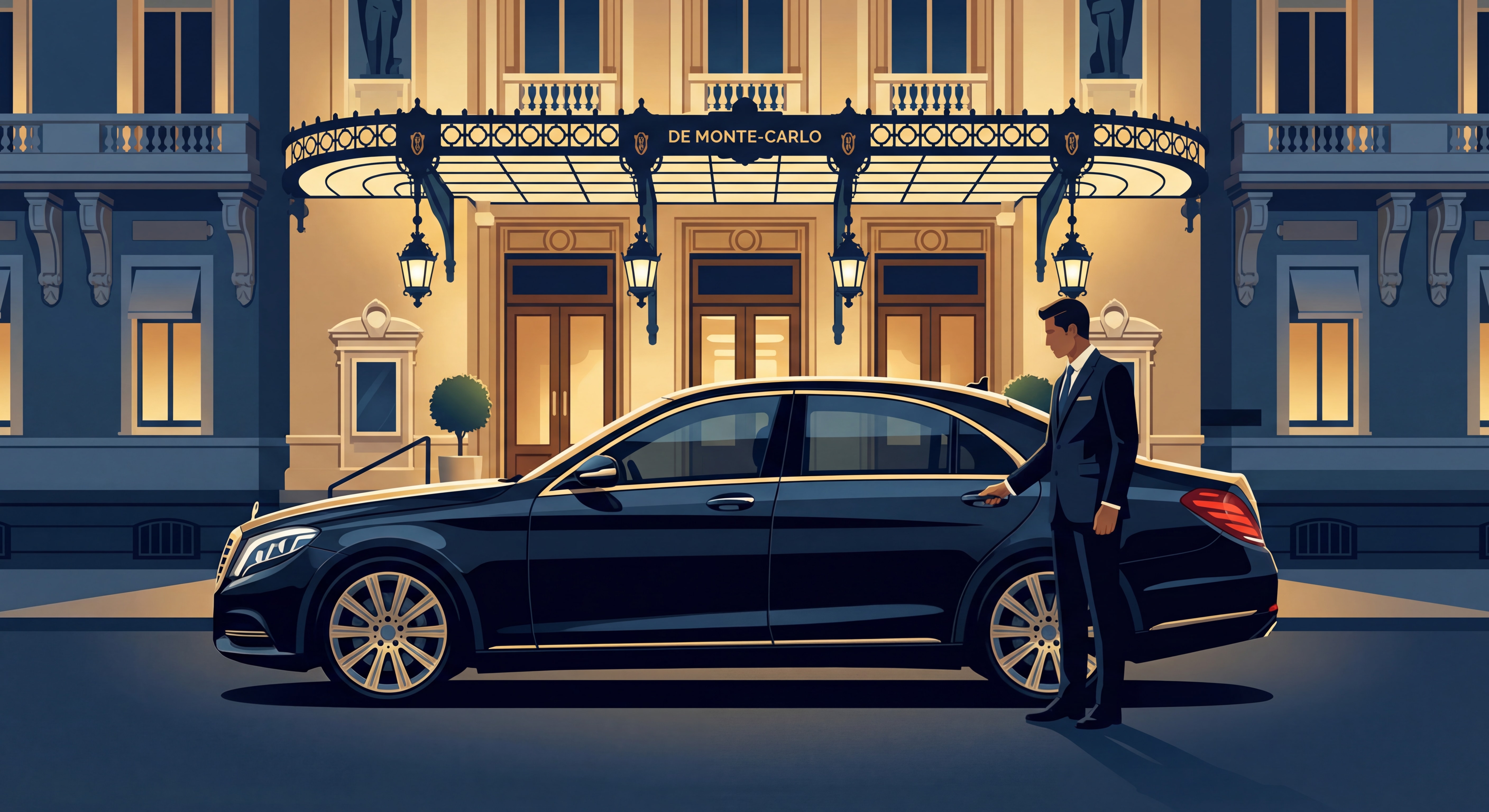Berline Mercedes Classe S noire garée devant le Casino de Monte-Carlo avec chauffeur en costume