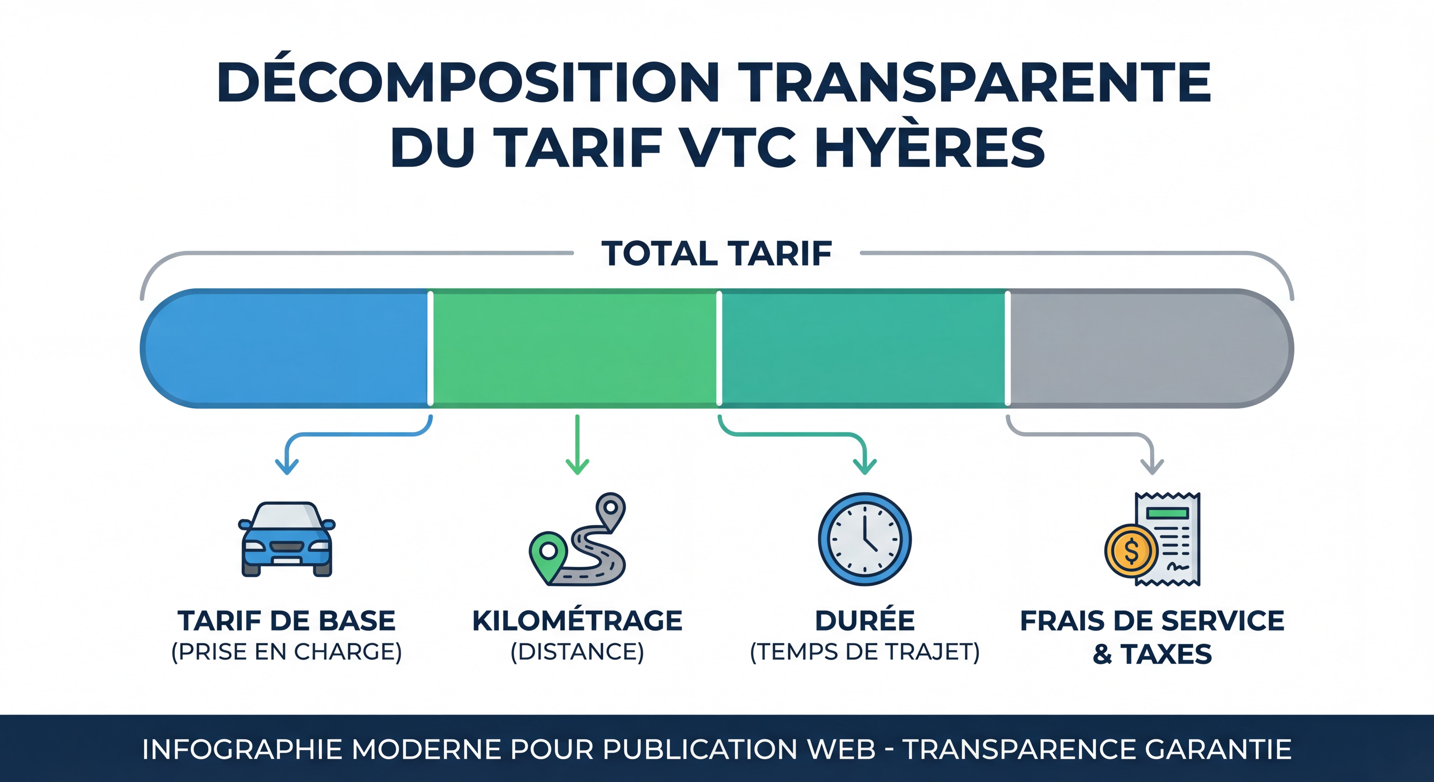 Infographie moderne montrant la décomposition transparente d'un tarif VTC Hyères avec pictogrammes