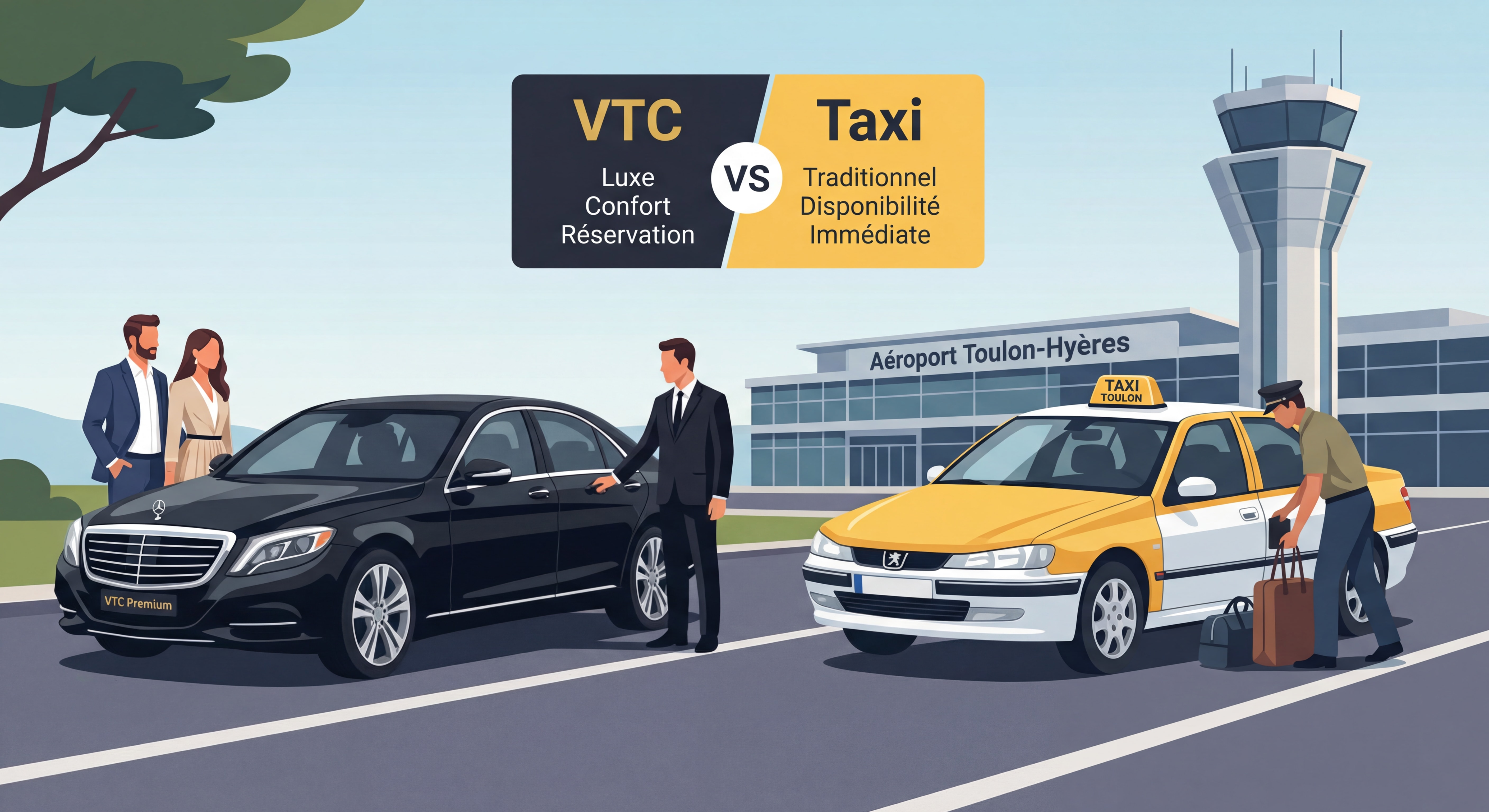 Comparaison visuelle entre une berline VTC luxueuse et un taxi traditionnel à l'aéroport de Toulon-Hyères