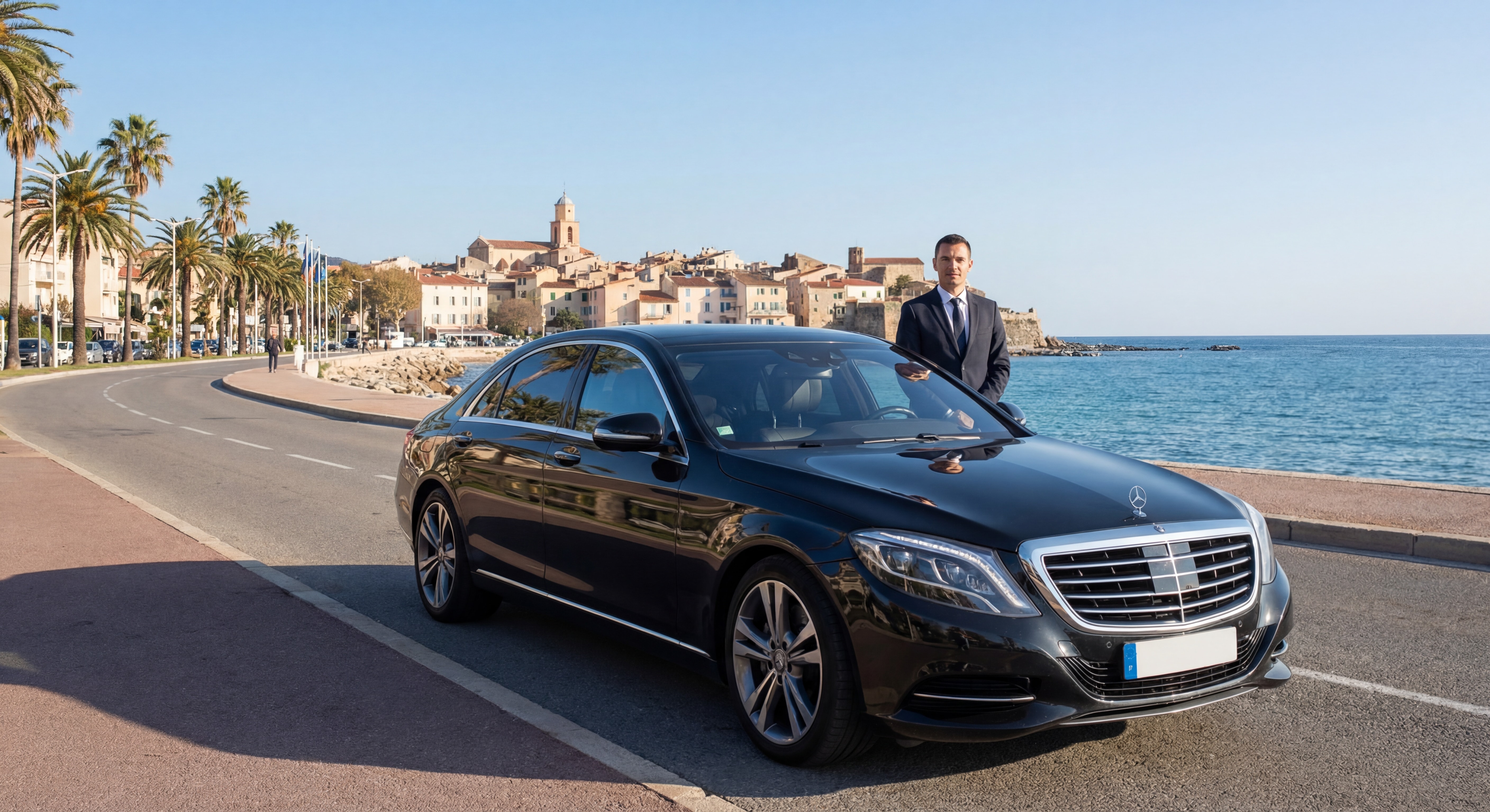 Chauffeur privé professionnel devant une berline de luxe à Hyères avec vue sur la mer Méditerranée