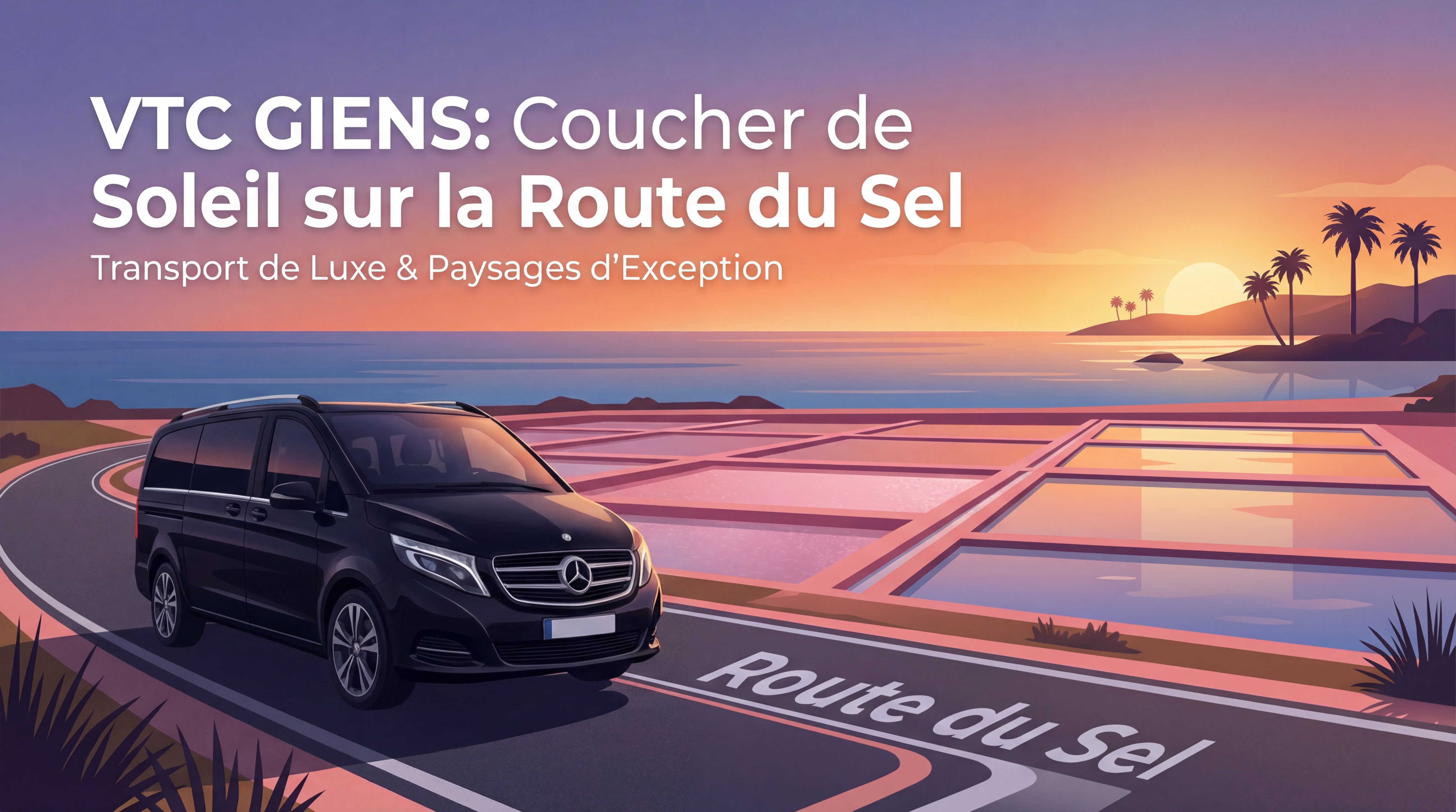 VTC Giens coucher de soleil - Mercedes Van noir sur la Route du Sel avec marais salants roses et mer en arrière-plan